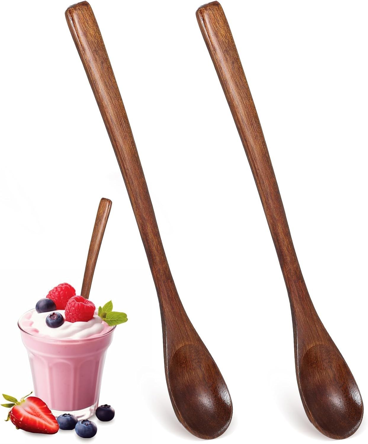 2PCS Long Wooden Spoons for Eating, 7.7 Inch Wooden Honey Spoon, Long Teaspoon Coffee Spoon for Mixing Kitchen Bar Restaurant Tea Dessert