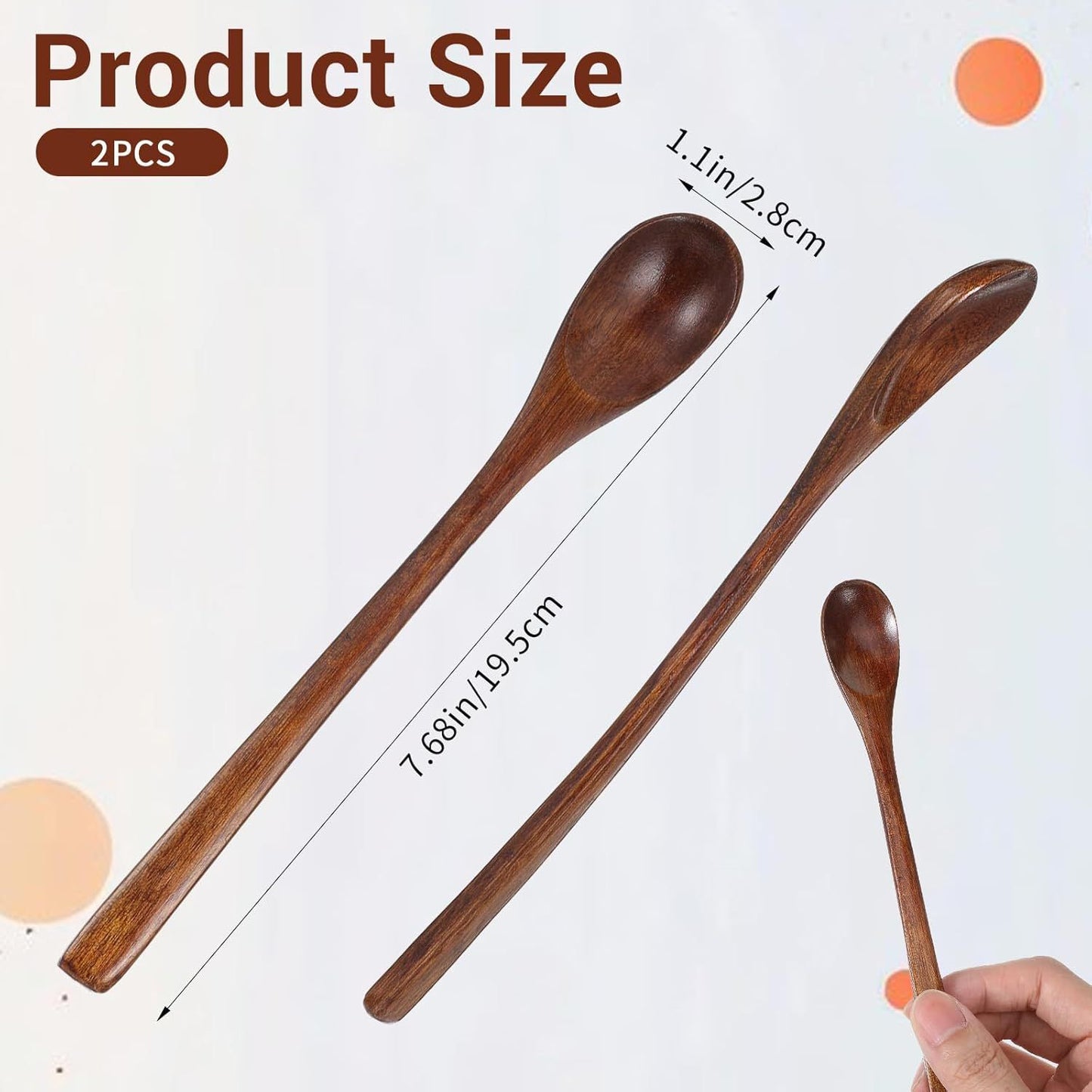 2PCS Long Wooden Spoons for Eating, 7.7 Inch Wooden Honey Spoon, Long Teaspoon Coffee Spoon for Mixing Kitchen Bar Restaurant Tea Dessert