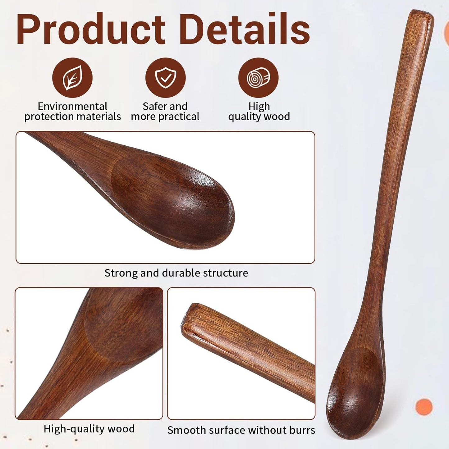 2PCS Long Wooden Spoons for Eating, 7.7 Inch Wooden Honey Spoon, Long Teaspoon Coffee Spoon for Mixing Kitchen Bar Restaurant Tea Dessert