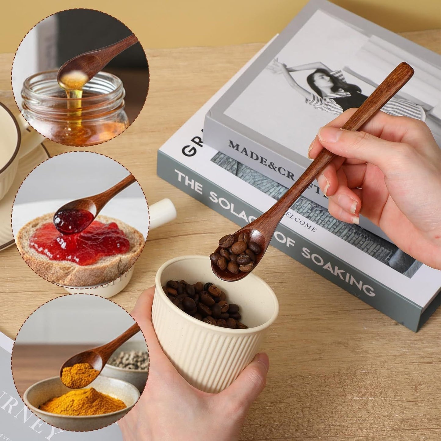 2PCS Long Wooden Spoons for Eating, 7.7 Inch Wooden Honey Spoon, Long Teaspoon Coffee Spoon for Mixing Kitchen Bar Restaurant Tea Dessert