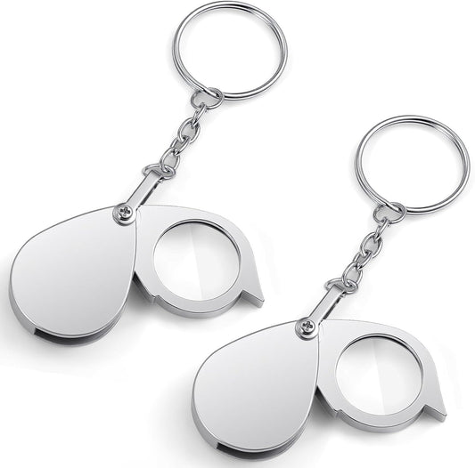 2 Pcs 10x Mini Pocket Magnifying Glass, Small Rotating Folding Jewelry Loupe, Stainless Steel Portable Pocket Magnifier with Keychain for Reading, Coin, Jewelry or Exploring (Silver, Boxed)