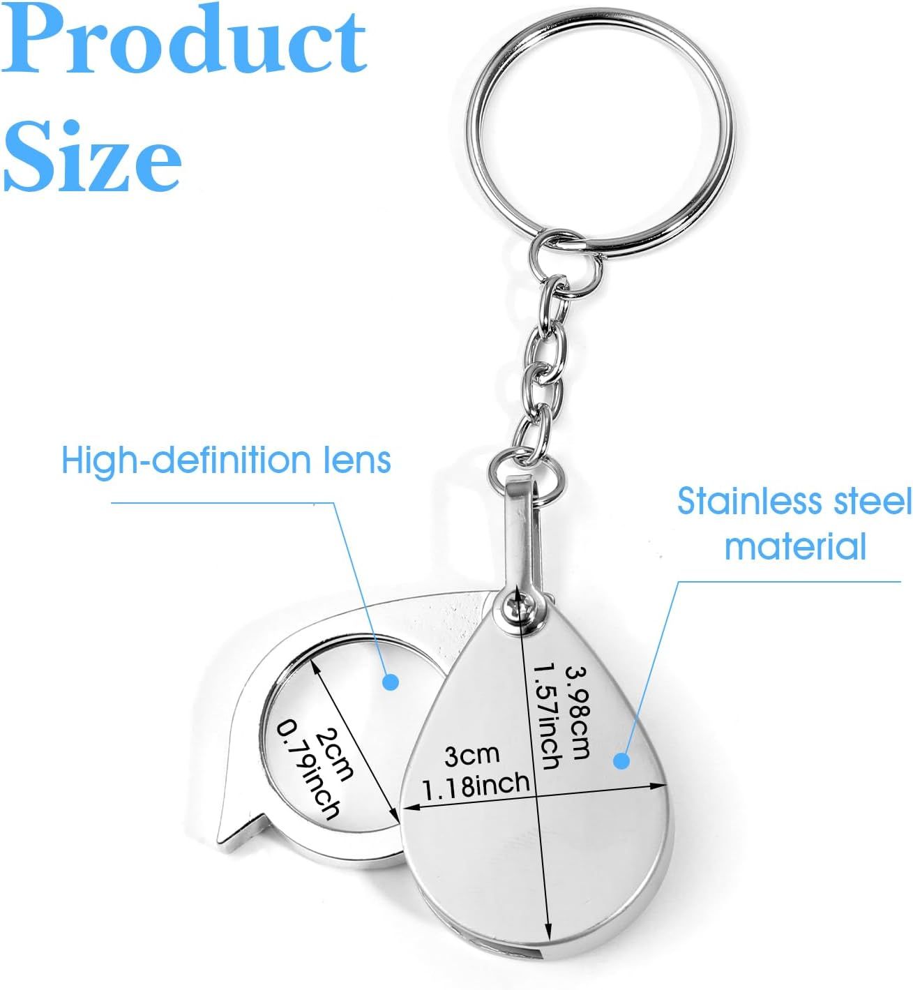 2 Pcs 10x Mini Pocket Magnifying Glass, Small Rotating Folding Jewelry Loupe, Stainless Steel Portable Pocket Magnifier with Keychain for Reading, Coin, Jewelry or Exploring (Silver, Boxed)