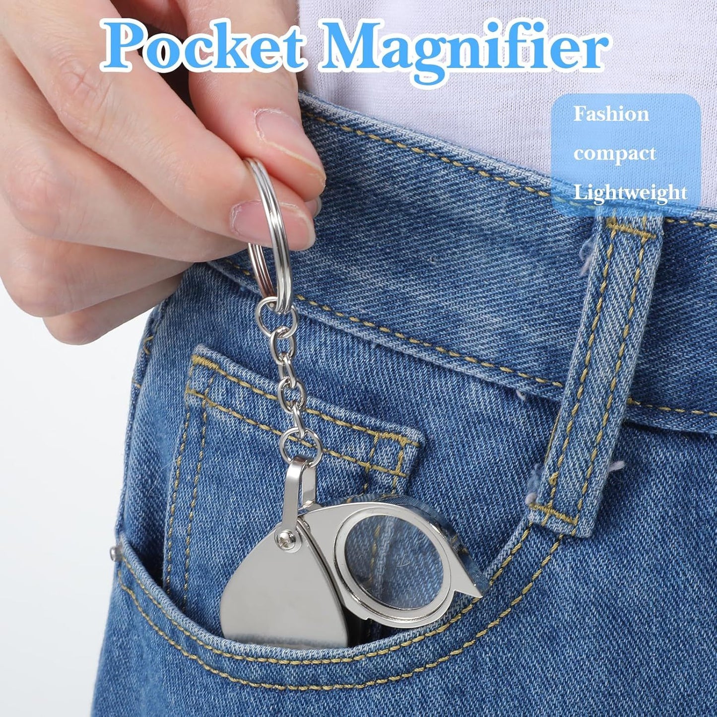 2 Pcs 10x Mini Pocket Magnifying Glass, Small Rotating Folding Jewelry Loupe, Stainless Steel Portable Pocket Magnifier with Keychain for Reading, Coin, Jewelry or Exploring (Silver, Boxed)