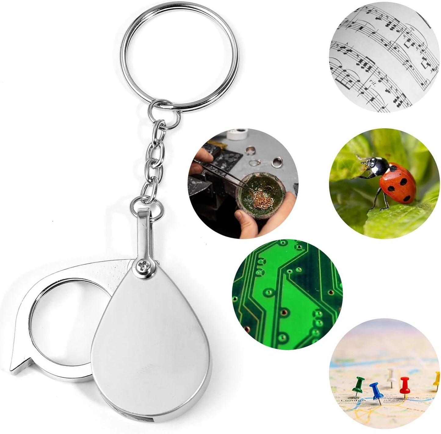 2 Pcs 10x Mini Pocket Magnifying Glass, Small Rotating Folding Jewelry Loupe, Stainless Steel Portable Pocket Magnifier with Keychain for Reading, Coin, Jewelry or Exploring (Silver, Boxed)