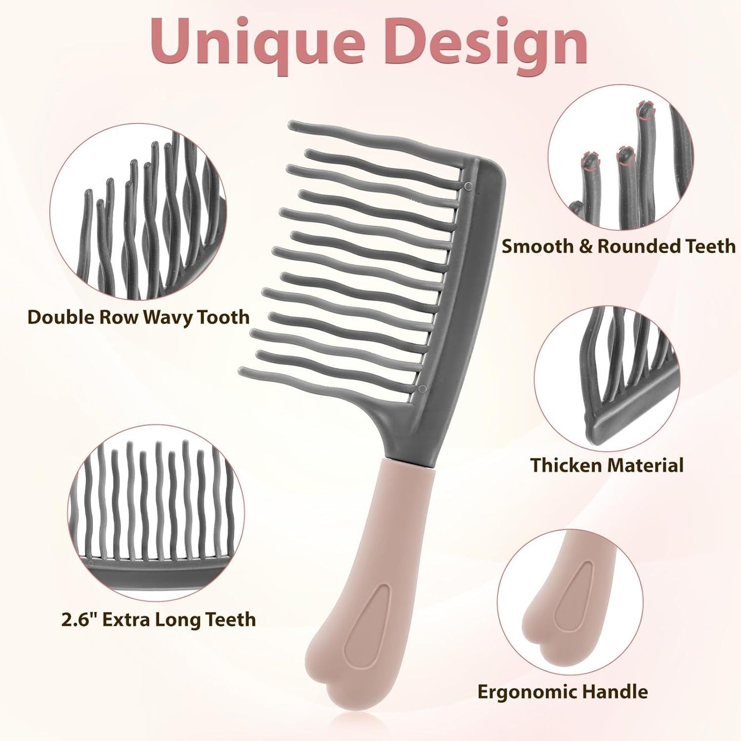 Wide Tooth Comb for Curls, Curly Hair Comb with Double Row Wavy Tooth for Curls Wavy Thick Long Wet Dry Hairs, Detangler Hairs Brush Large Teeth Shower for Women Girl (Grey)