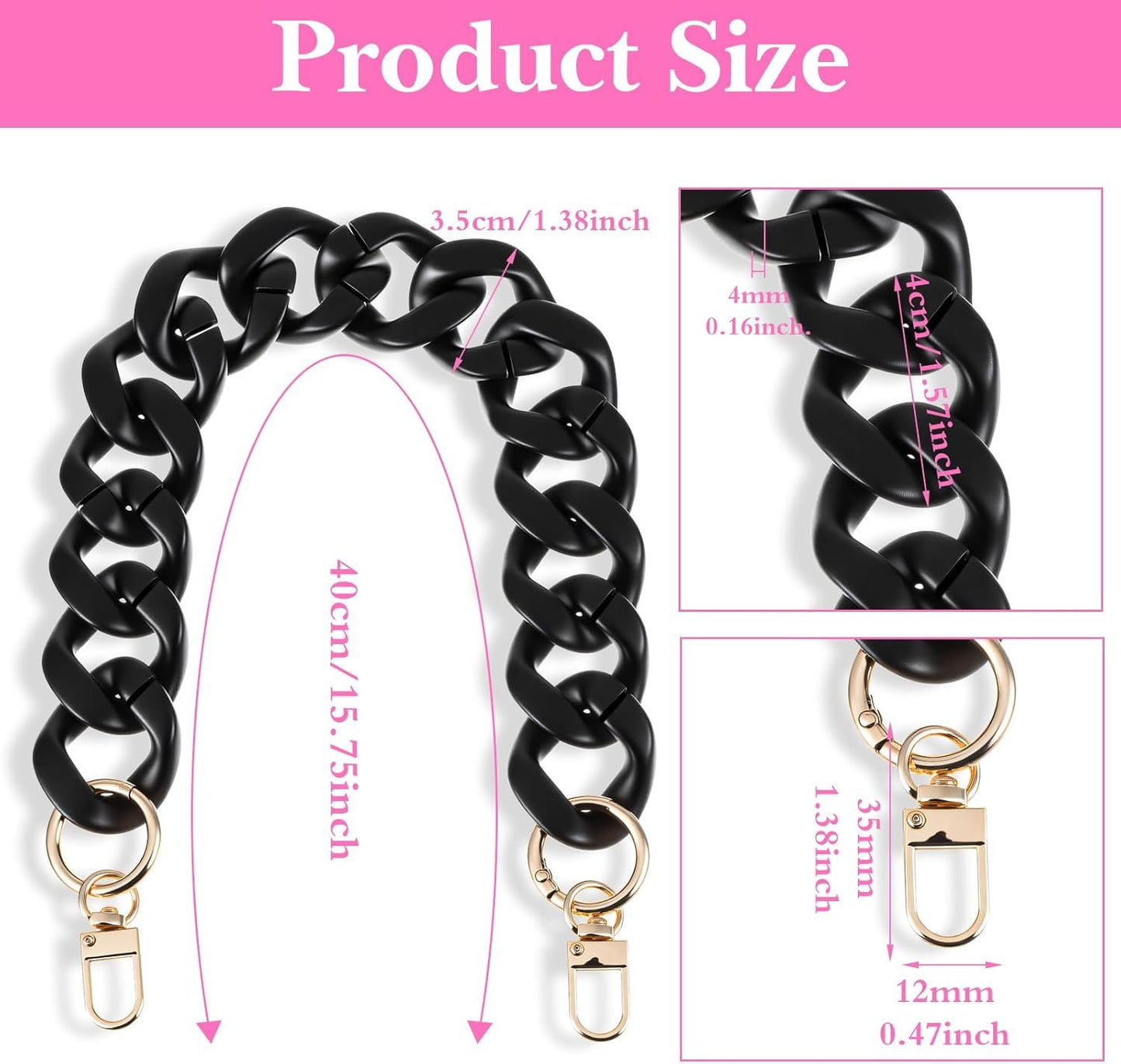 1PCS Black Purse Chain Replacement, 15.7 Inch Acrylic Bag Chain, Black Purse Chains Strap, Adjustable Handbag Strap Handles for Shoulder Bags DIY Crafts