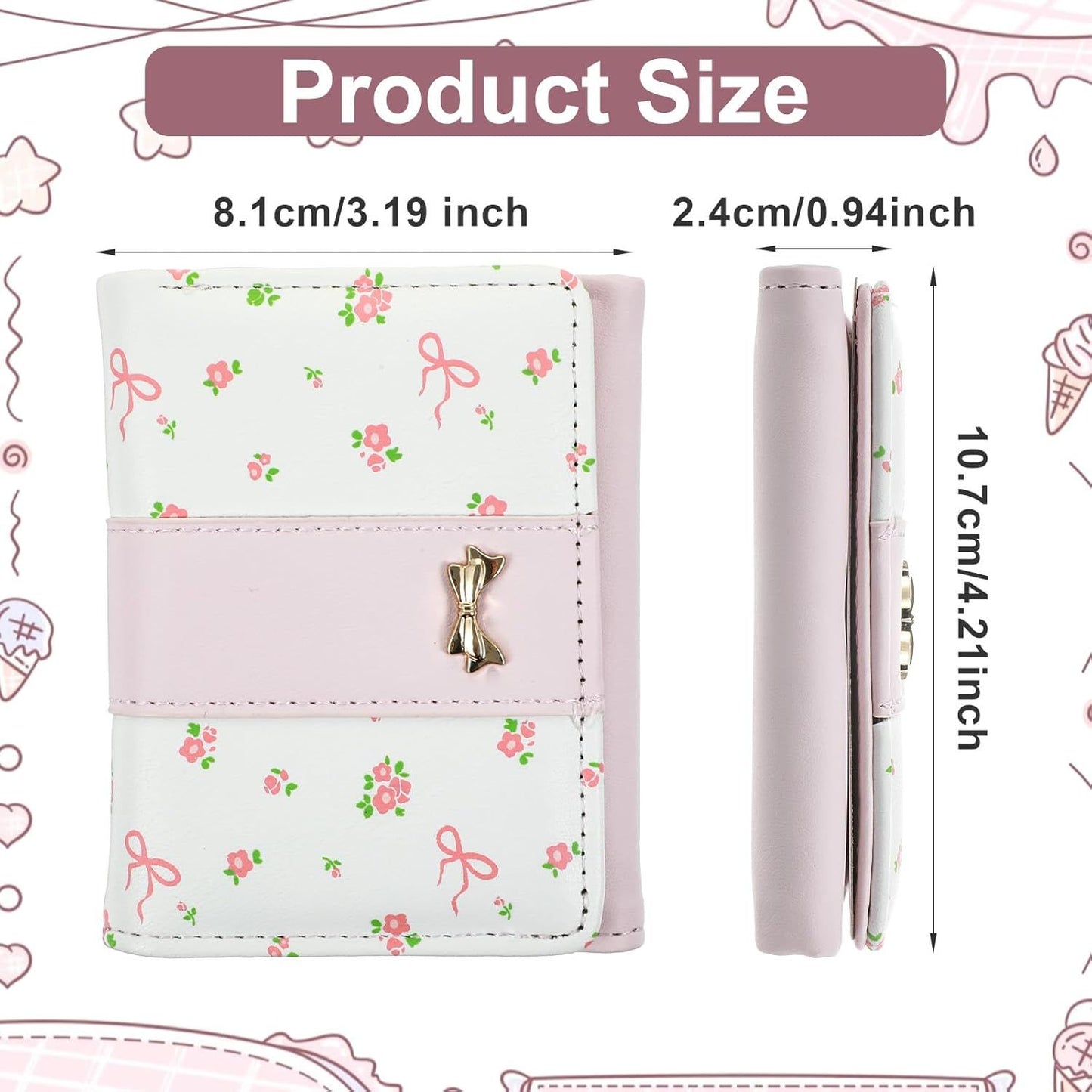 Pink Wallet for Women Floral Coquette Small Bow Wallet Cute Bifold Zipper Purse Aesthetic Credit Card Holder Purse Mini Kawaii Coin Purse with ID Window