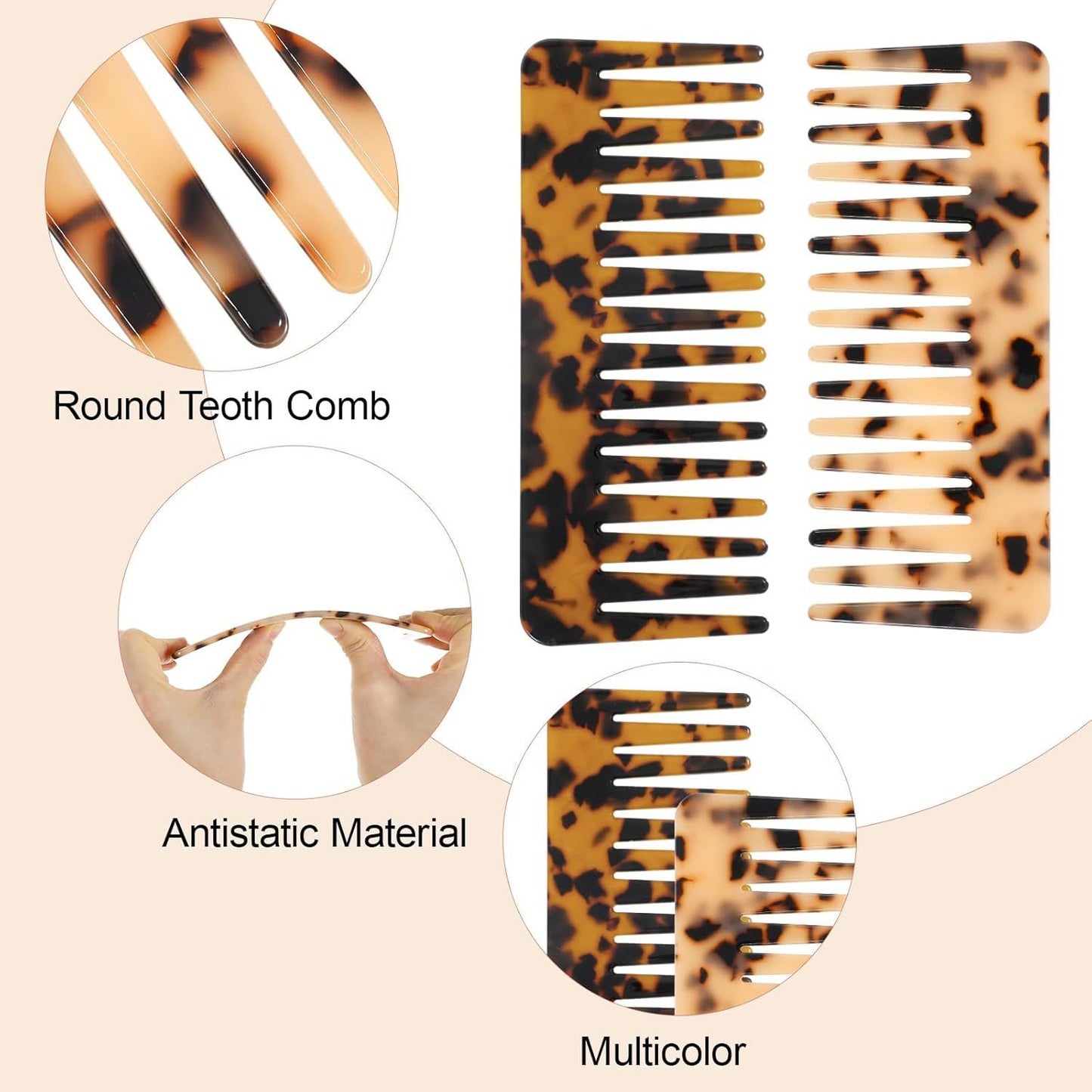 2PCS Large Wide Tooth Combs for Curls, Tortoise Shell Comb, Large Detangling Comb Cellulose Detangler Combs for Women Thick Curly Wavy Wet Dry Hair (Tortoise Shell, Ivory)
