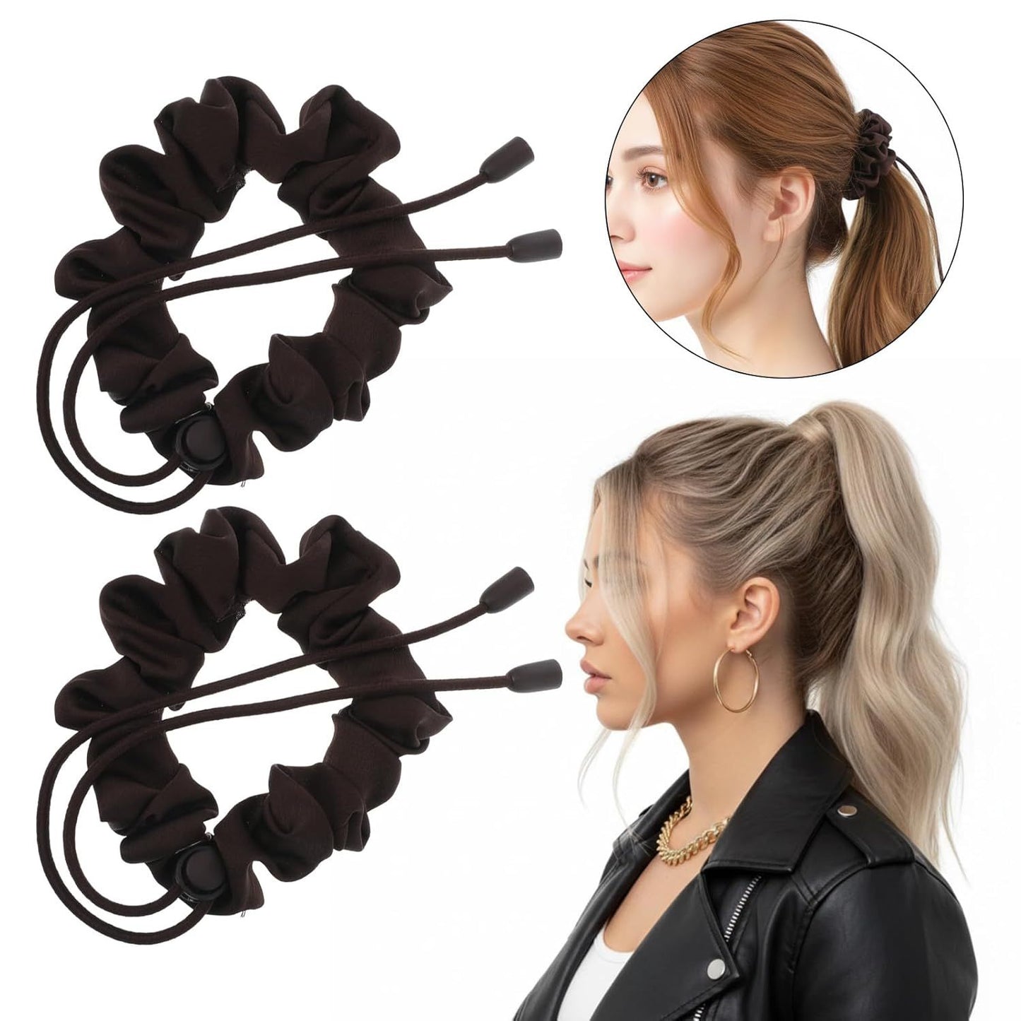 2PCS Adjustable Satin Hair Ties for Curly Hairs, Large Hair Scrunchies for Women, Thick Curly Hairstyle Accessories Afro Puffs Ponytails Locs Pineapples