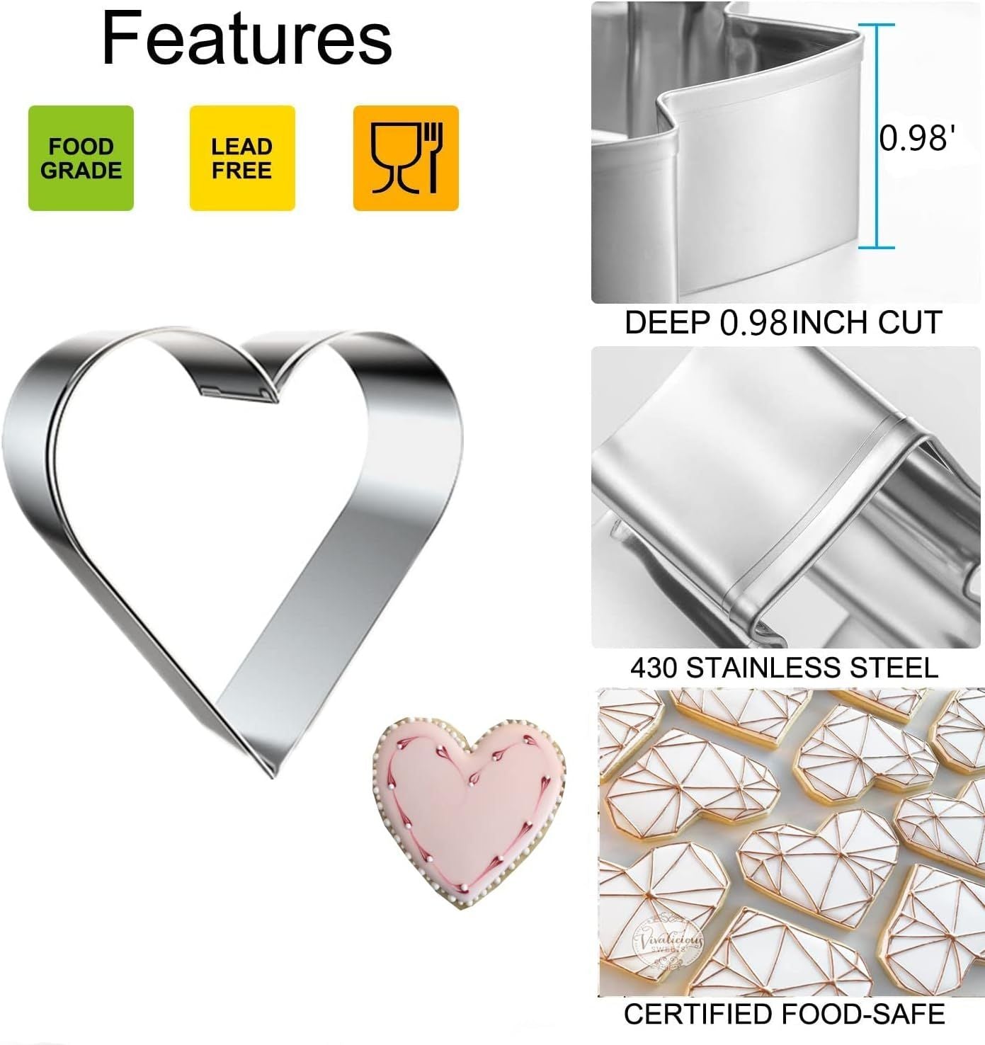 5 Pieces Heart Cookie Cutter Set - Valentine's Day Heart Shapes Stainless Steel Cutters Molds for Anniversary, Bridal, Engagement and Wedding, Baking Gifts