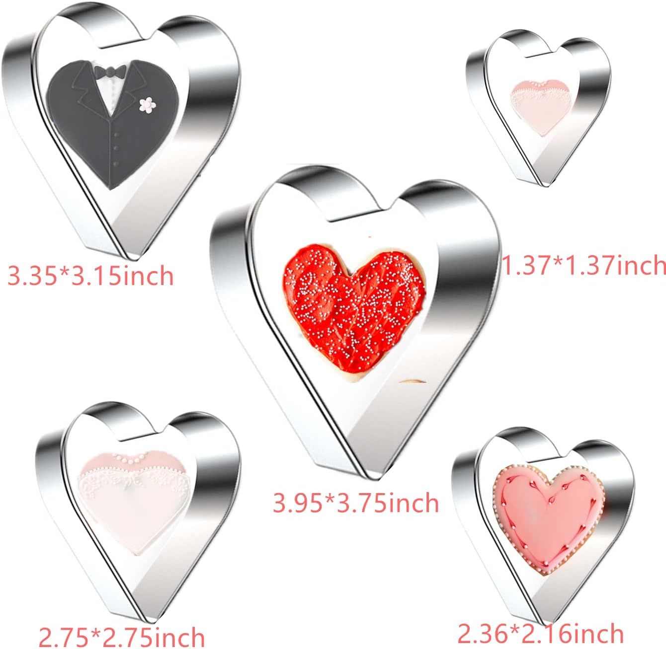 5 Pieces Heart Cookie Cutter Set - Valentine's Day Heart Shapes Stainless Steel Cutters Molds for Anniversary, Bridal, Engagement and Wedding, Baking Gifts