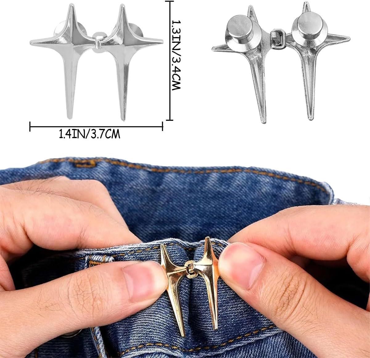 8 Sets Adjustable Star Button Pant Waist Tightener, Adjustable Waist Buckle Sets No Sew and No Tools Detachable Decorative Waist Buckles, Jean Buttons Pins for Loose Jeans, Pants, Skirts, Sleeves