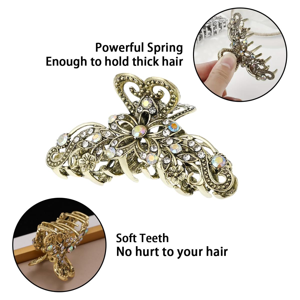 2 PCS Vintage Hair Claw Clips Rhinestone Clip Shiny Rhinestone Hollow Flower Claw Clip Metal Antique Silver Plated Hair Clips Retro Flower Non Slip Hair Jaw Clips for Women Girls