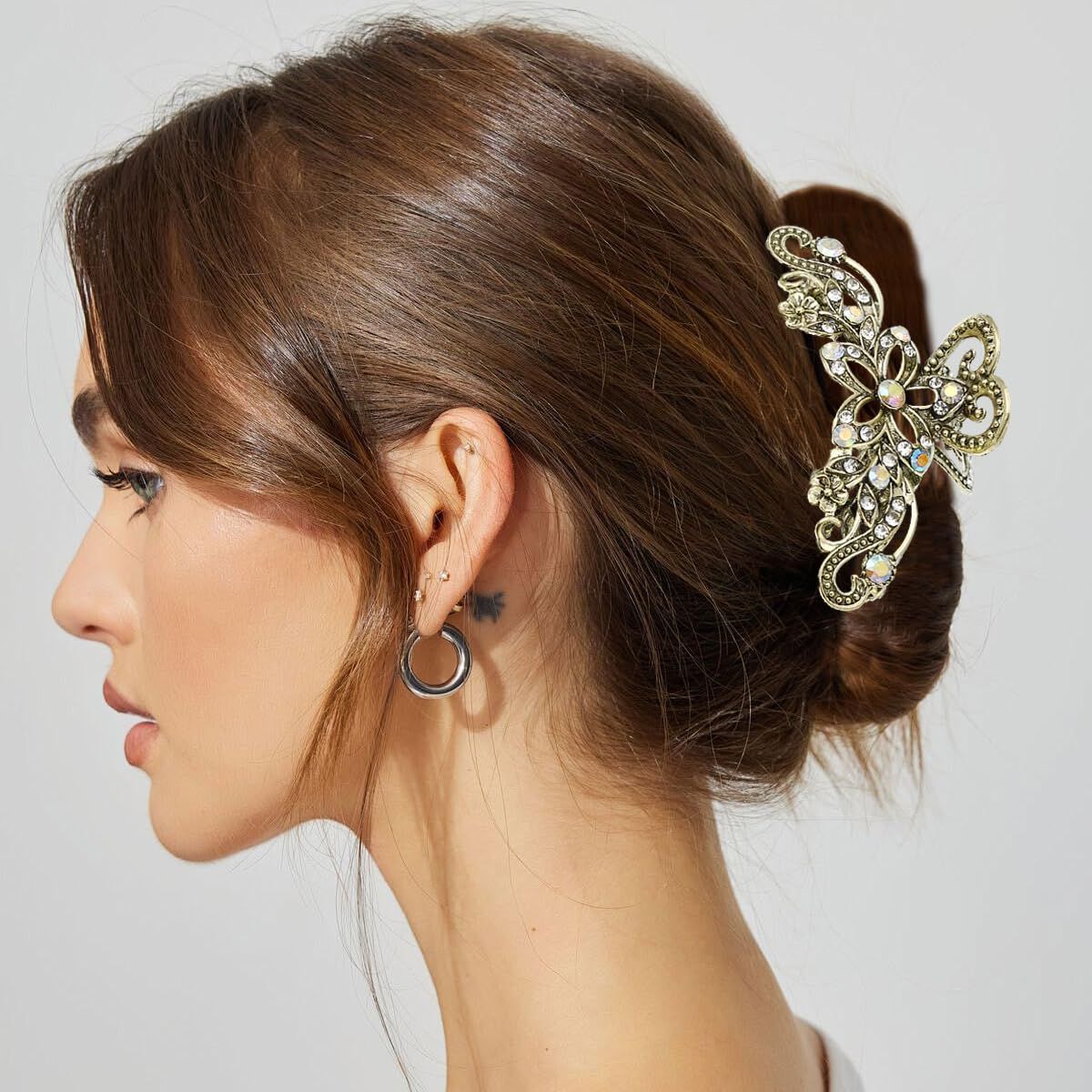 2 PCS Vintage Hair Claw Clips Rhinestone Clip Shiny Rhinestone Hollow Flower Claw Clip Metal Antique Silver Plated Hair Clips Retro Flower Non Slip Hair Jaw Clips for Women Girls