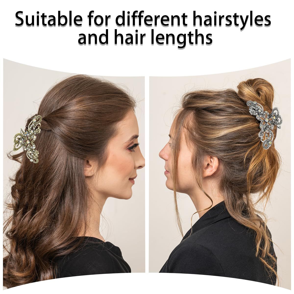 2 PCS Vintage Hair Claw Clips Rhinestone Clip Shiny Rhinestone Hollow Flower Claw Clip Metal Antique Silver Plated Hair Clips Retro Flower Non Slip Hair Jaw Clips for Women Girls