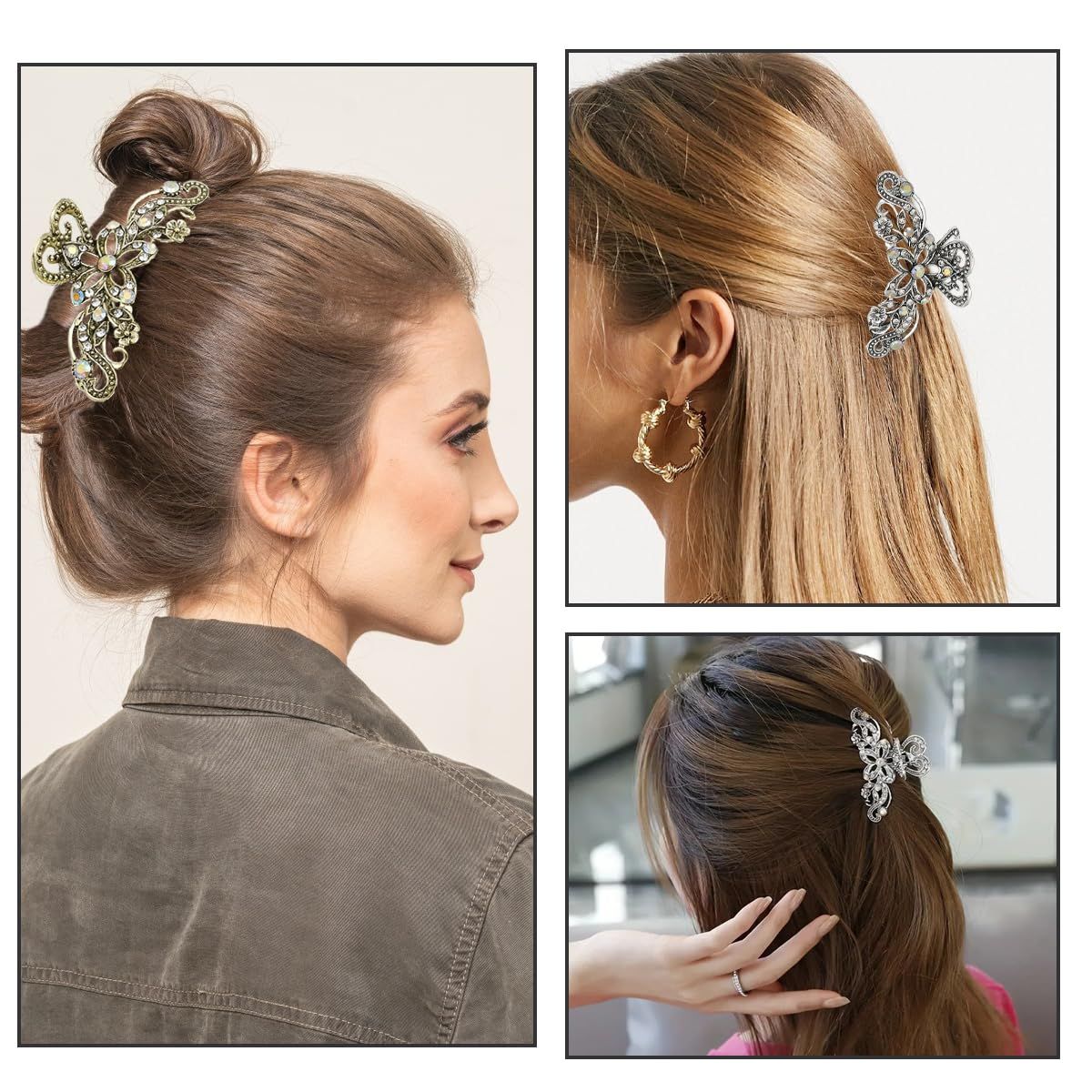 2 PCS Vintage Hair Claw Clips Rhinestone Clip Shiny Rhinestone Hollow Flower Claw Clip Metal Antique Silver Plated Hair Clips Retro Flower Non Slip Hair Jaw Clips for Women Girls