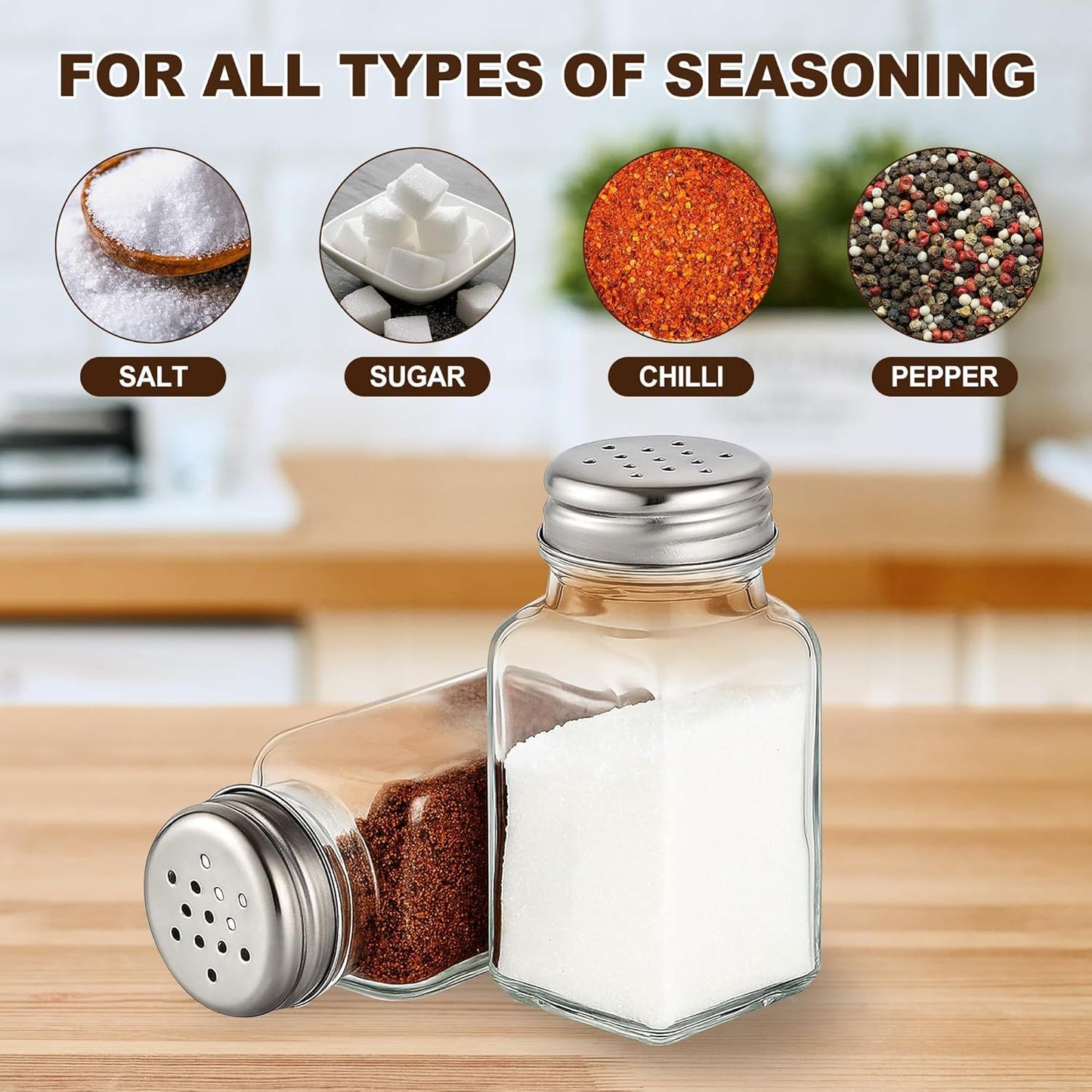 Salt and Pepper Shakers Set, Salt Shaker 2 Pcs,High Transparency Glass Stainless Steel Kitchen Tools Home Essential