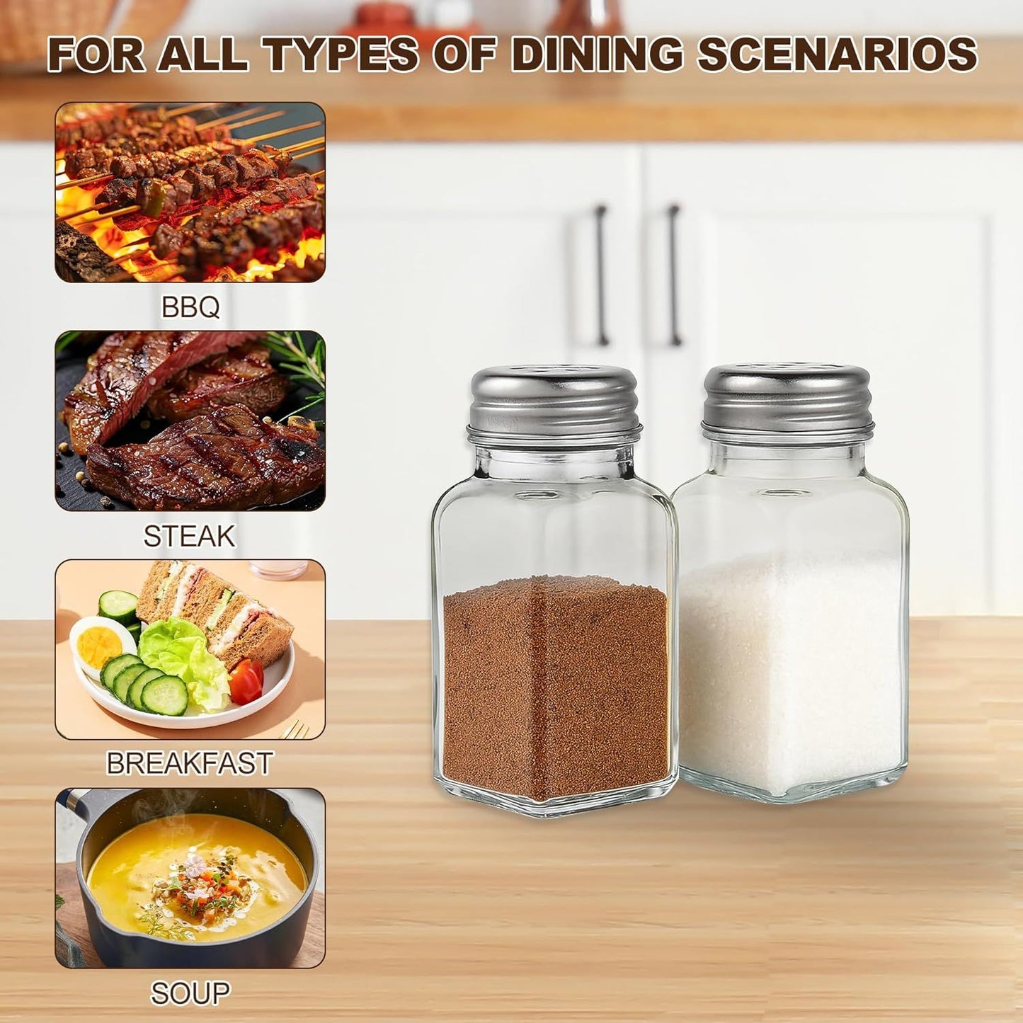 Salt and Pepper Shakers Set, Salt Shaker 2 Pcs,High Transparency Glass Stainless Steel Kitchen Tools Home Essential