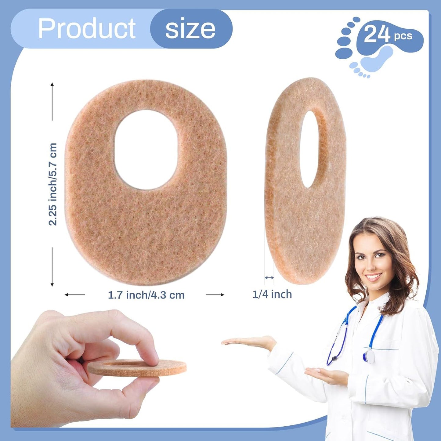 24Pcs Callus Pads，Soft Felt Callus Oval Shape Cushion Pads for Toes and Feet, Reduce Pain, Pressure and Friction from Shoes