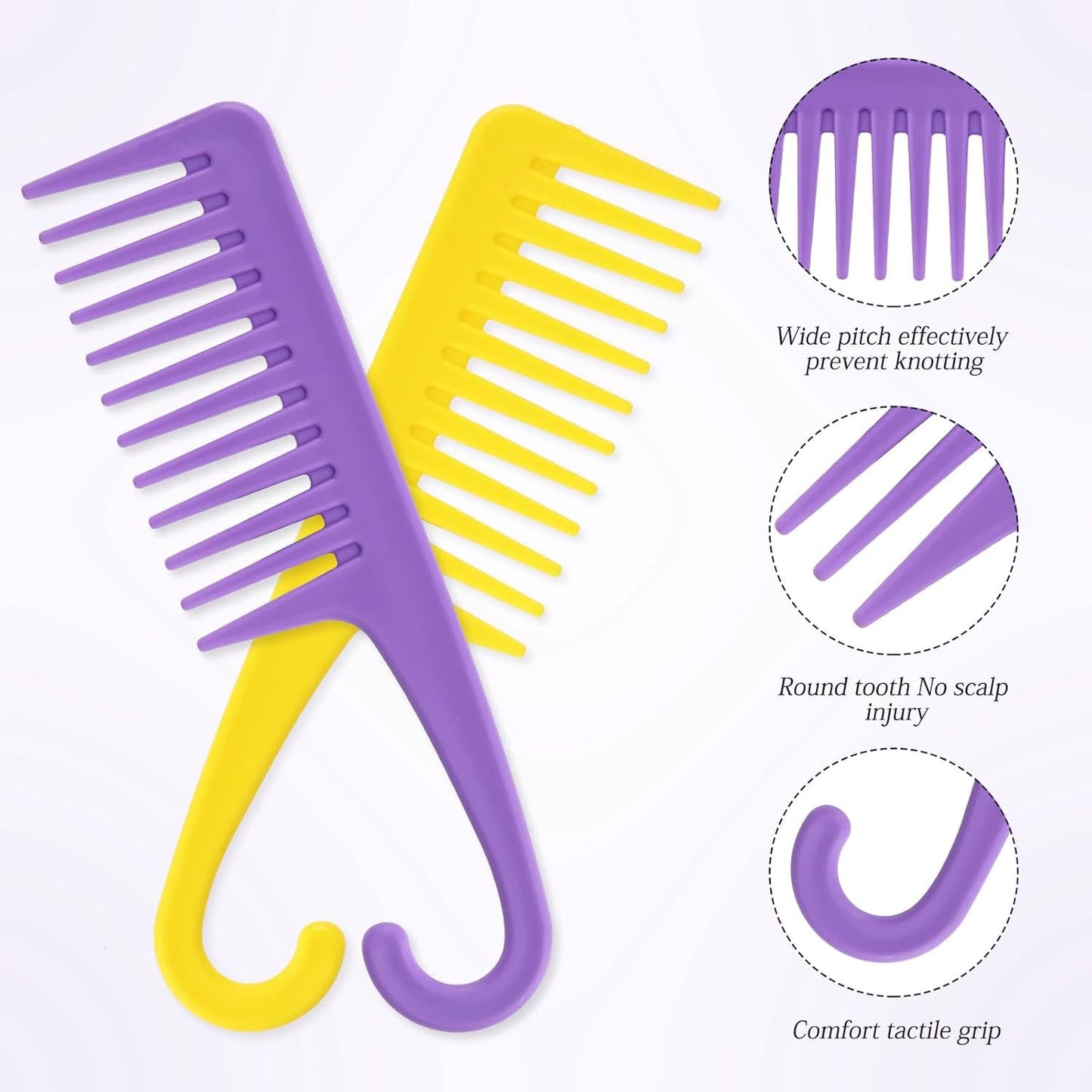3PCS Wide Tooth Hair Combs with Hook, Large Detangling Shower Combs Set for Wet or Dry Hair, Conditioner Combs for Curly, Thick & Long Hair (Purple/Rose Red/Yellow)