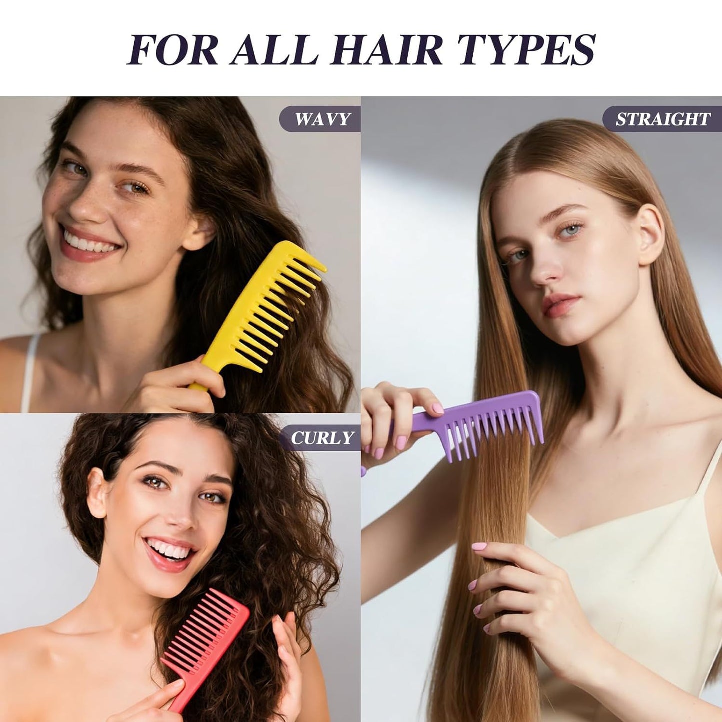 3PCS Wide Tooth Hair Combs with Hook, Large Detangling Shower Combs Set for Wet or Dry Hair, Conditioner Combs for Curly, Thick & Long Hair (Purple/Rose Red/Yellow)