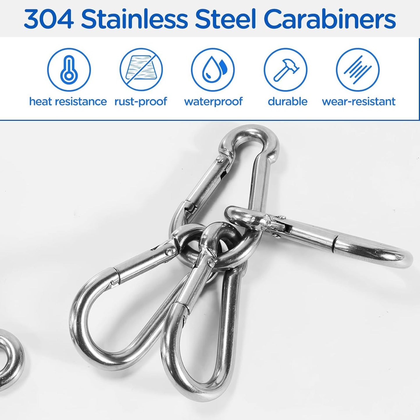 304 Stainless Steel Carabiners，M6 Carabiners Clips for Camping,Swing,Hiking,Hammock,Water Bottle, Backpack