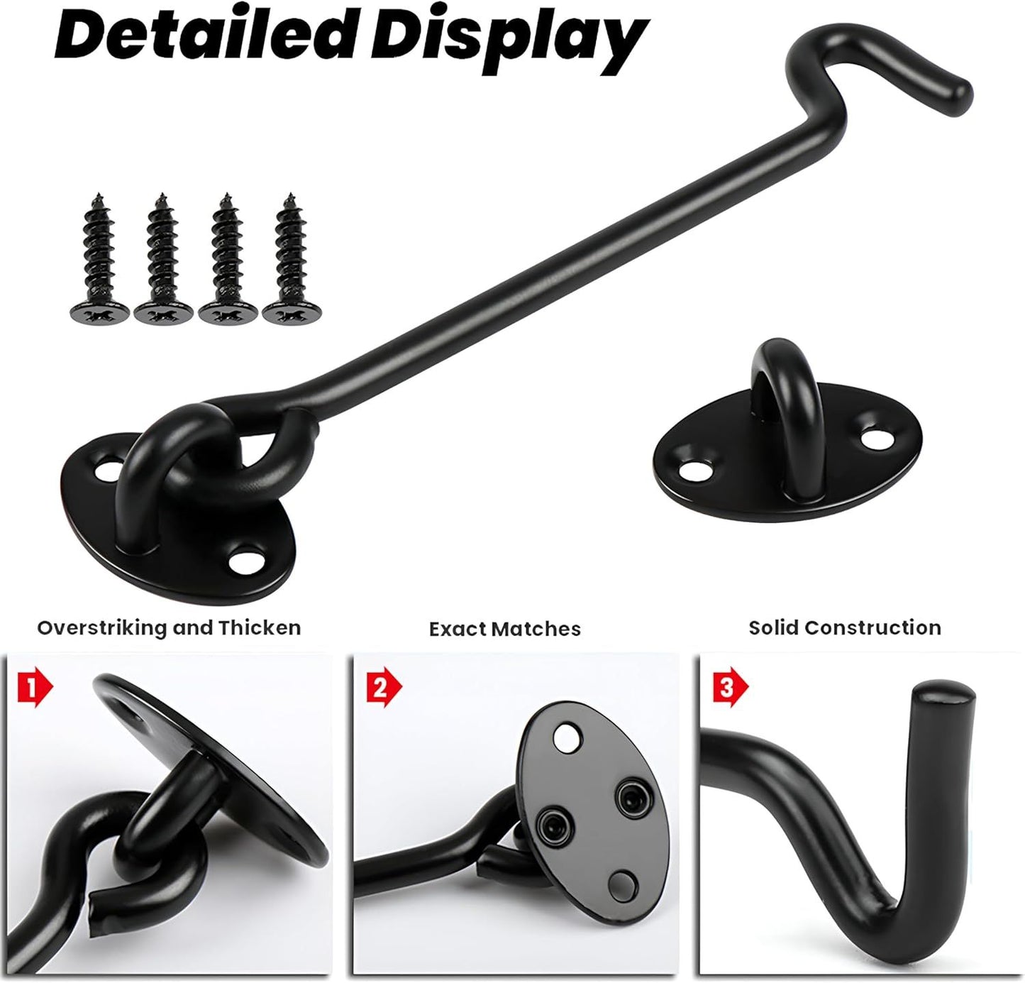 2 Pack 6'' Door Latch Door Lock Hardware, 6'' Hook and Eye Gate Latch Easy Lock for Barn Door, Black Sliding Door Lock with Screws for Window, Cabin Hooks