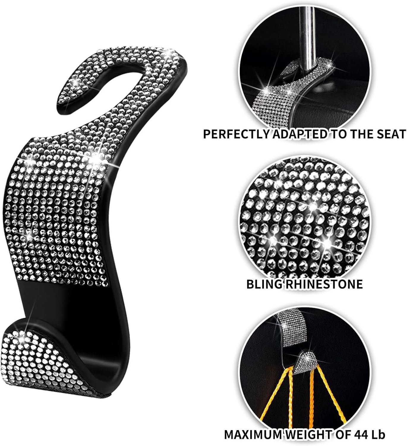 Car Purse Hook Bling Car Headrest Hook for Women Girls, 4 Packs Auto Back Seat Hangers Rear Headrest Hook for Purse, Bag, Handbag, Grocery (Silver)