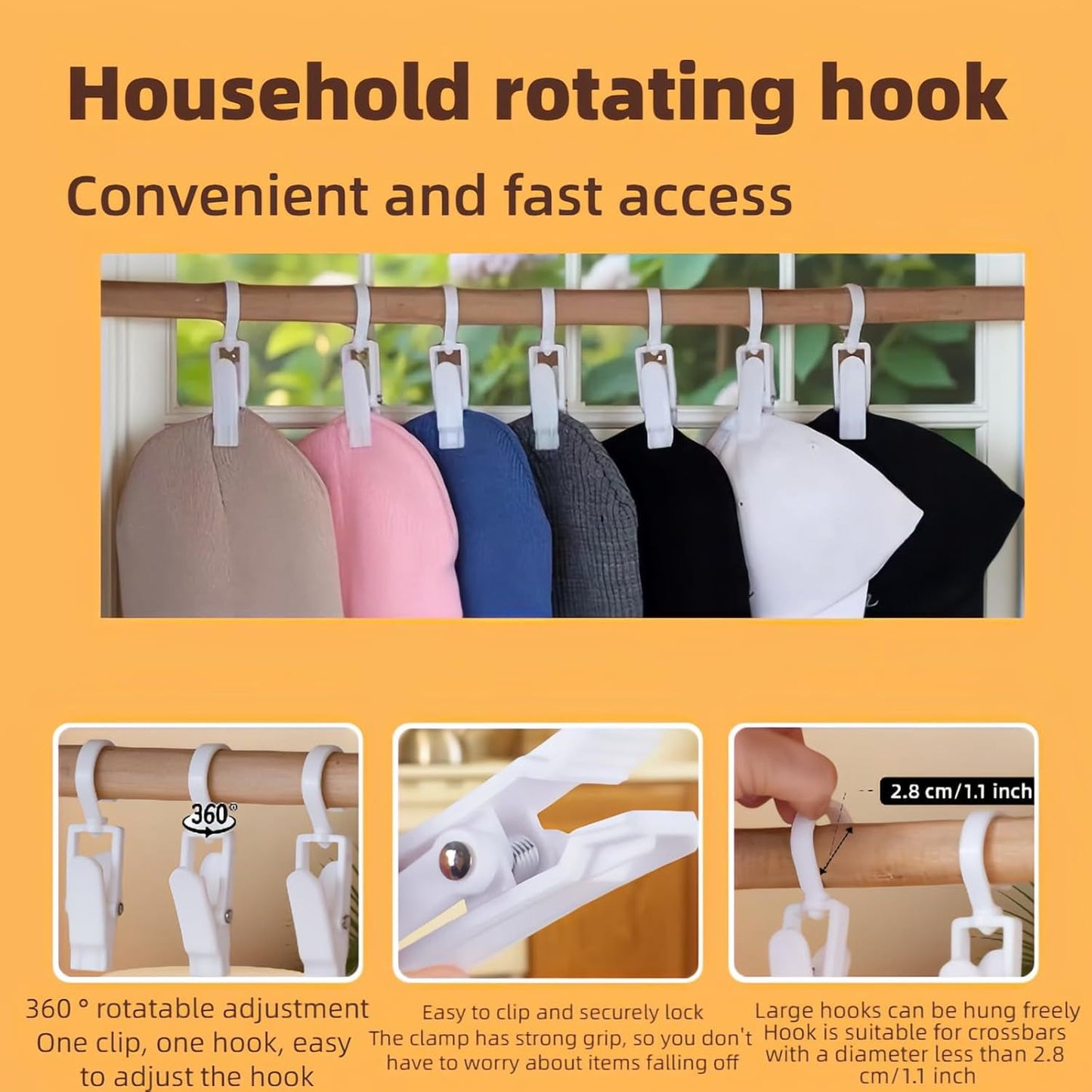 10-Pack Heavy Duty Swivel Clothes Pins - 360° Rotating Hooks for Laundry, Beach Towels, Curtains, Rustproof Stainless Steel Spring, Non-Slip Grip (4.3", White)