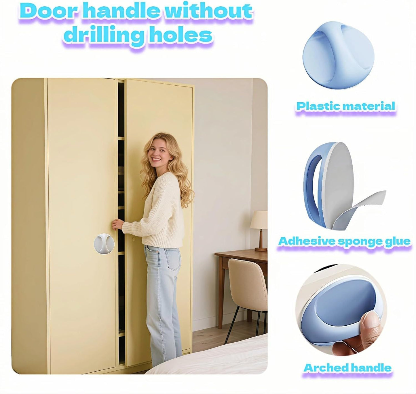 4-Pack Self-Adhesive Cabinet Pulls, No-Drill Handles for Cabinet, Window, Drawer, Glass Door, Easy Installation & Strong Grip (White, Pink, Blue, Green),2.56 Inch Adhesive Pull Knob