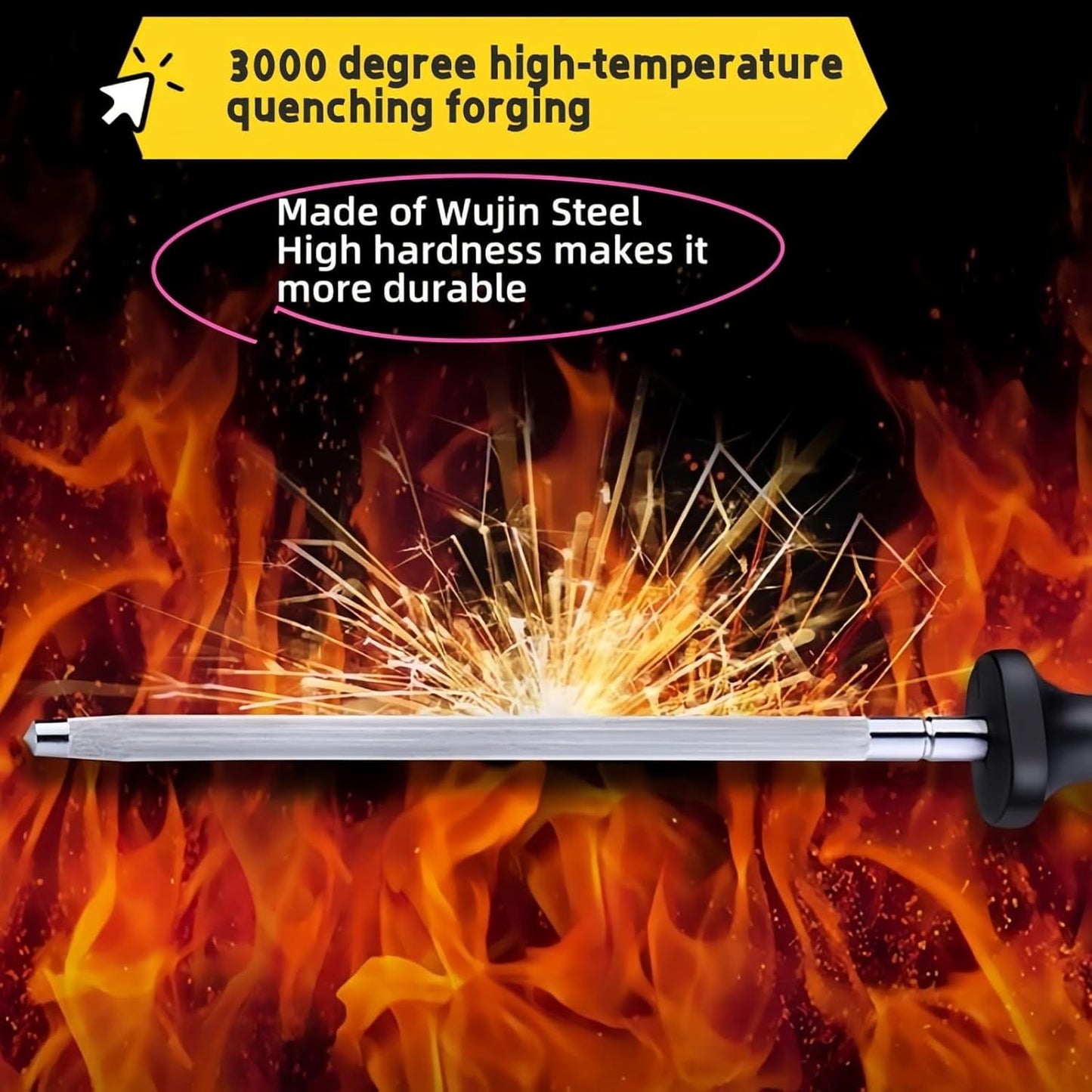 13" Professional Knife Sharpening Steel Rod - High Carbon Magnetic Honing Rod for Kitchen Chef Knives, Ergonomic Non-Slip Grip with Durable Serrations & Hanging Hole - Multi-Purpose for Home (13IN)