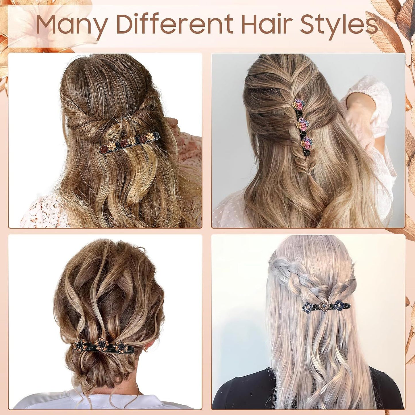 Braided Hair Clips For Women - Sparkling Crystal Stone Hair Clips For Styling Sectioning with 3 Small Hair Barrettes, Hair Accessories Four-Leaf Chopped with Rhinestones for Women& Girls 4 PCS (# 1)