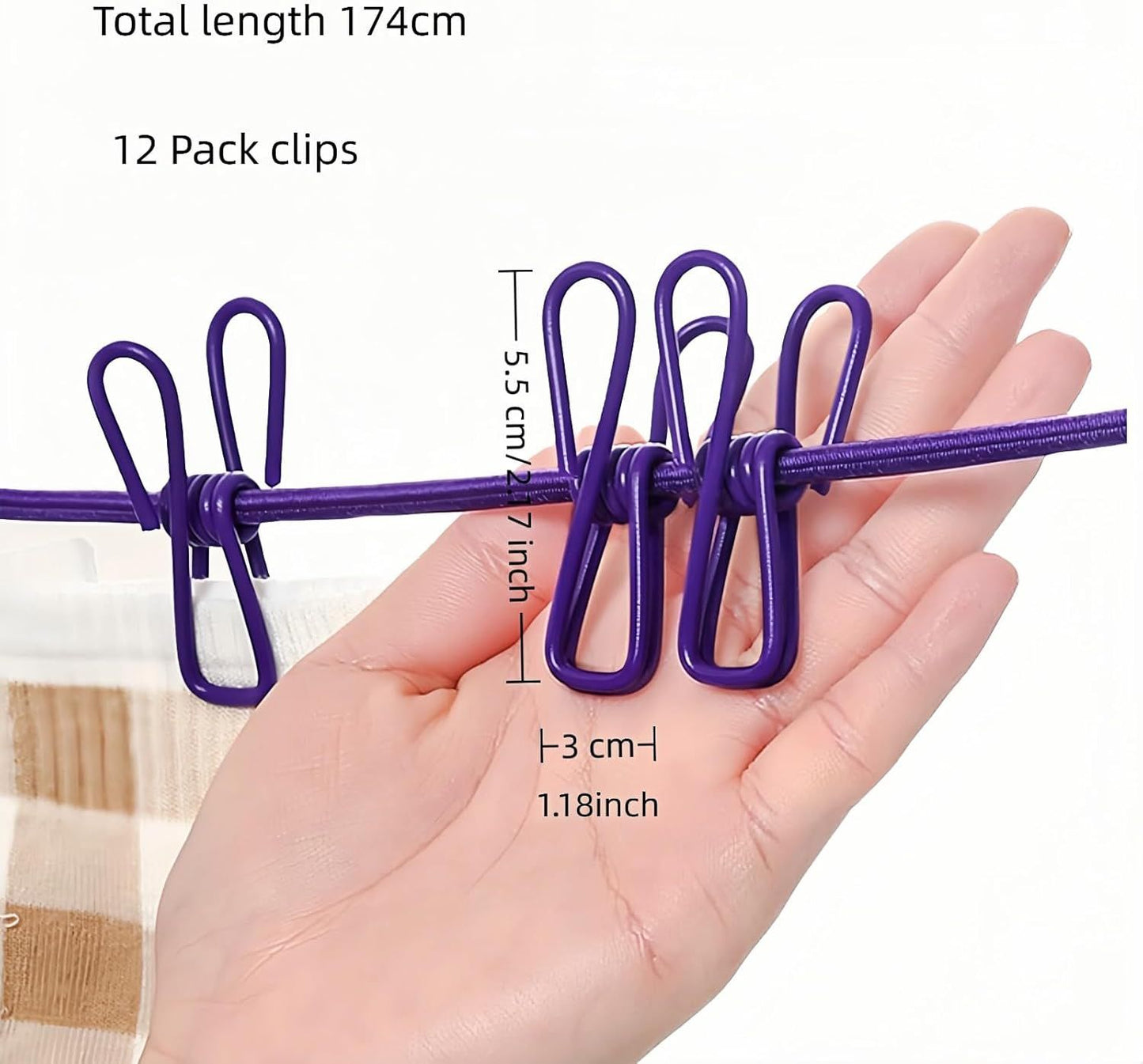 Portable Clothesline with 12 Clips - Extends 12ft, Heavy Duty Stainless Steel Hooks, Windproof for Travel/Camping/Indoor Use, Purple