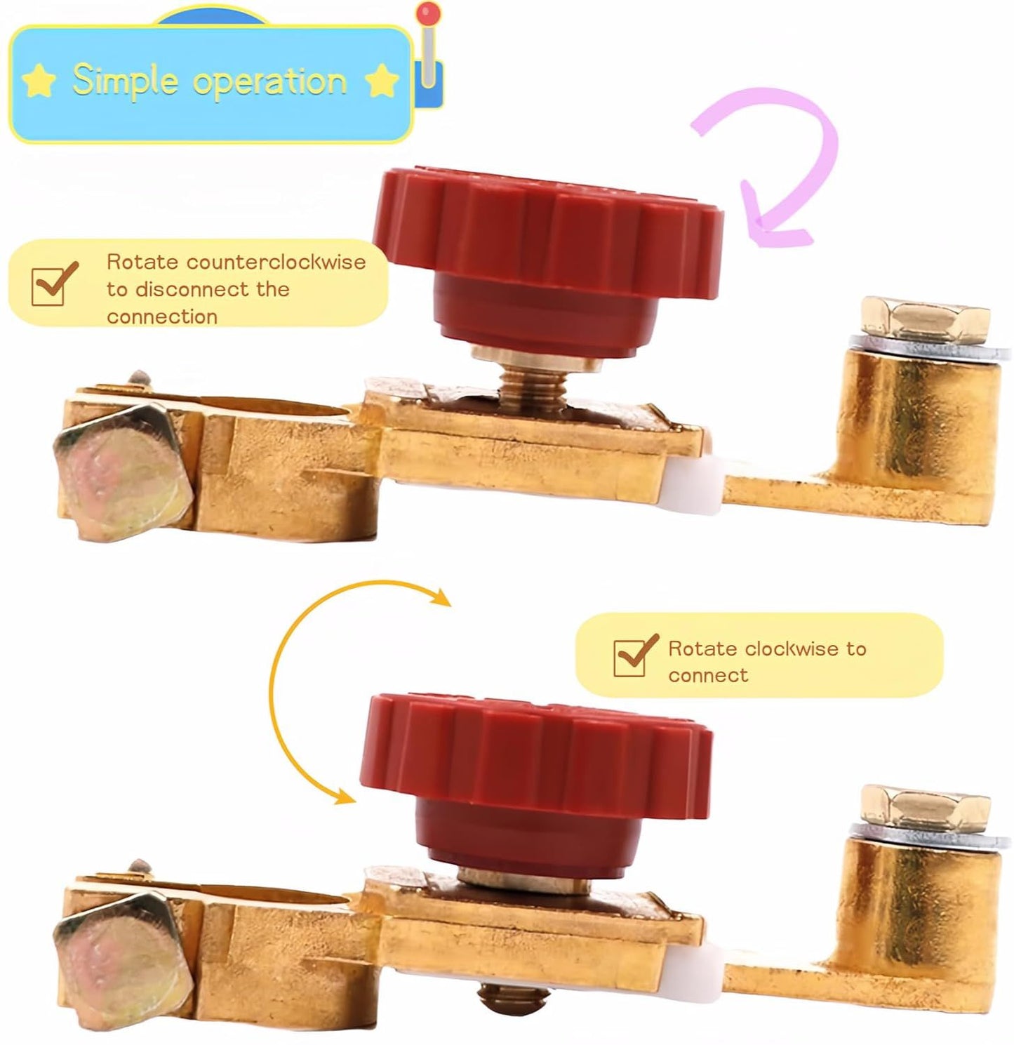 Top Post Battery Disconnect Switch 12V 125A Heavy Duty Brass Marine Car Truck RV Boat Anti-Corrosion Quick Release Knob for Battery Saver 0.59-0.67" Universal Fit Prevents Battery Drain (Red)