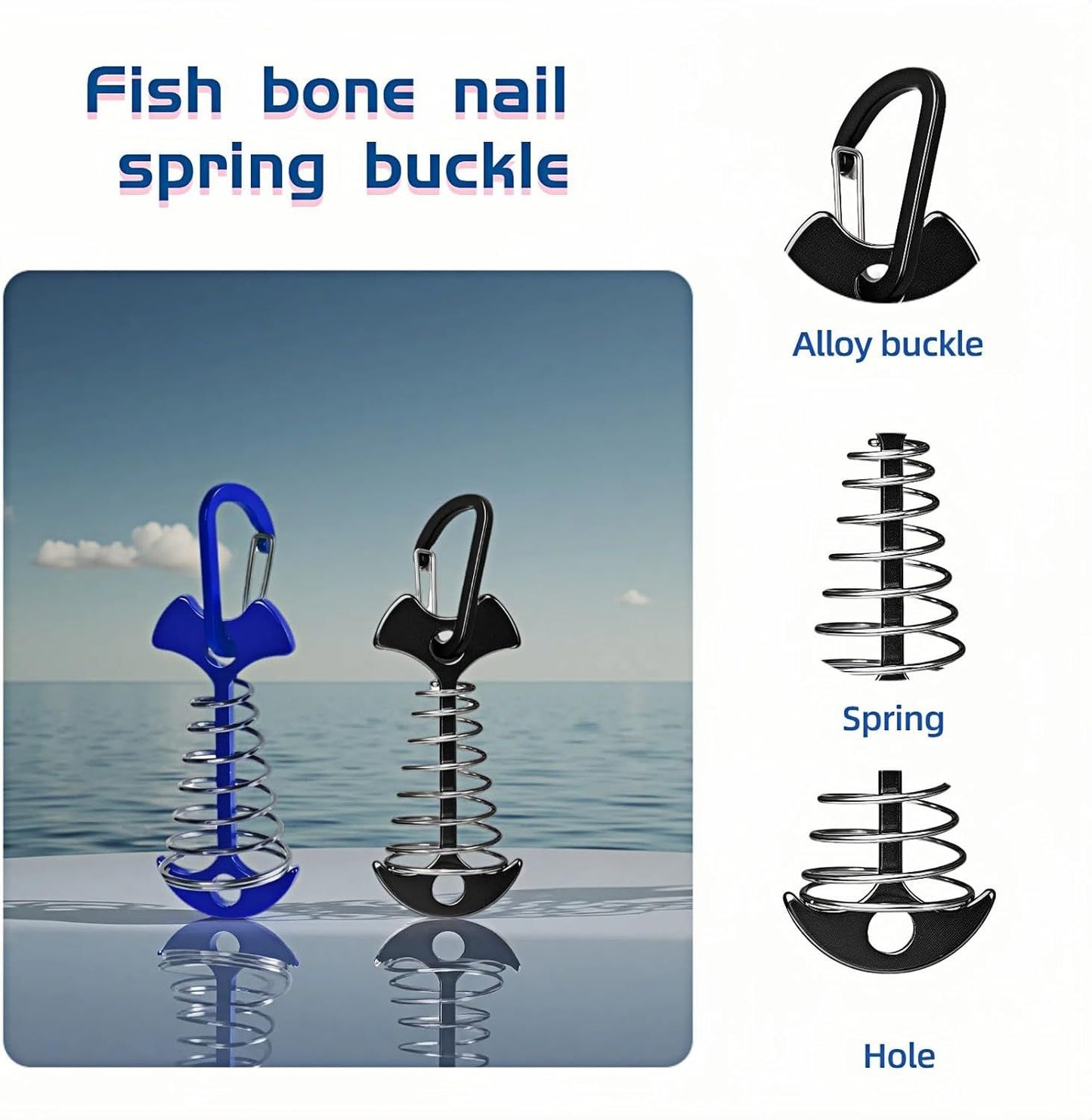 Fishbone SpringTent Peg Portable Windproof Anchors,Aluminum Tent Stakes with Carabiner for Camping Deck, Spring-Loaded Gutter Hook for Tarp,Adjustable Gap Stake for Outdoor Canopy (Blue and Black)