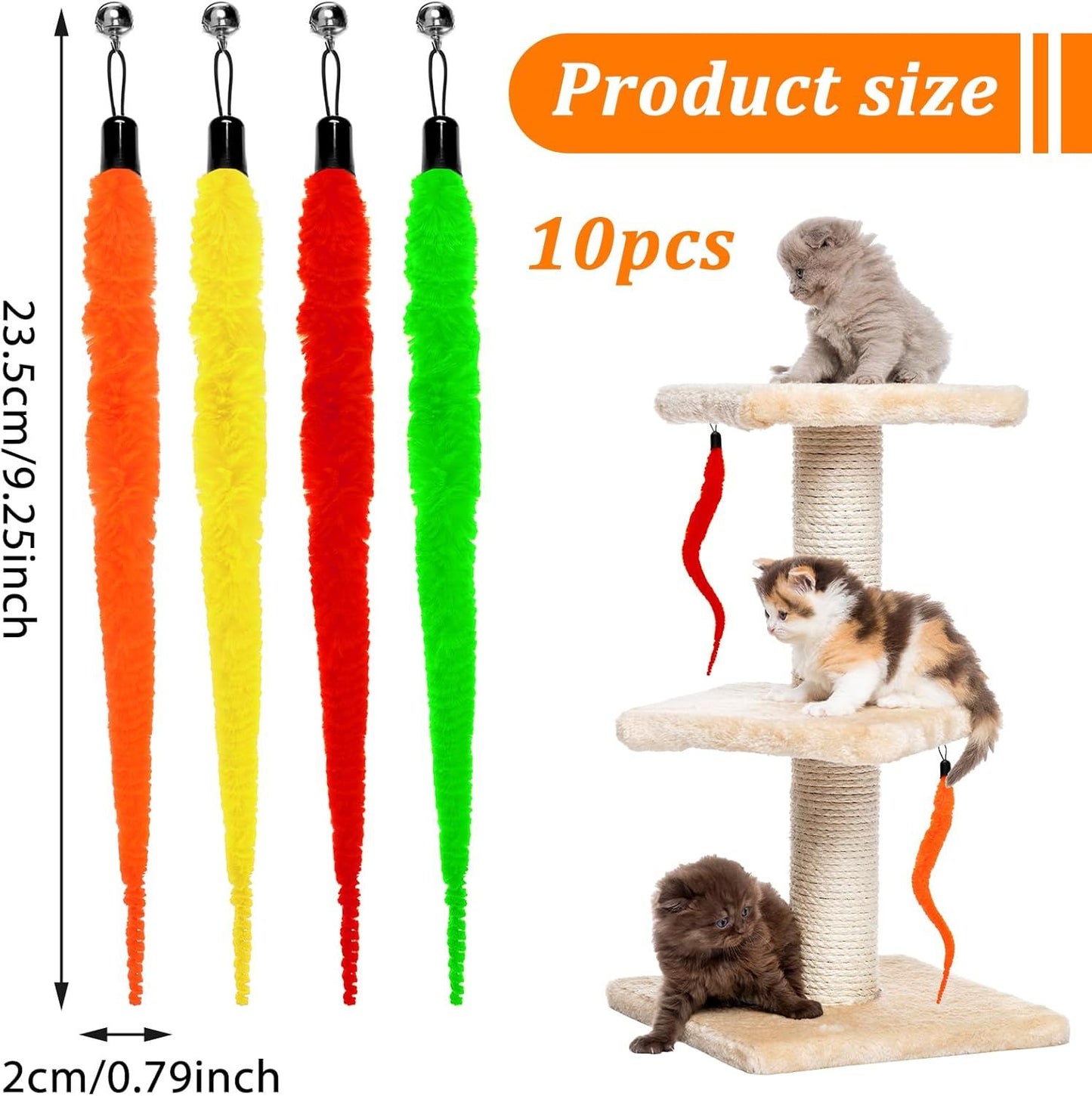 10 Packs Cat Worm Toys, Colorful Worm Cat Toy, Interactive Cats Wand Attachment Toys for Teaser Play and Chase Exercise with Kitten