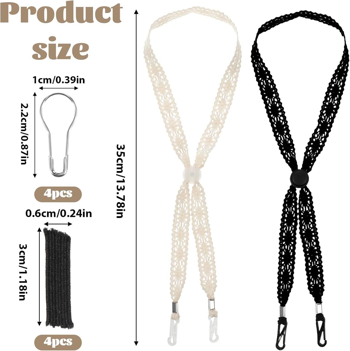 2 PCS Hat Straps for Wind, Adjustable Beige Black Chin Cord, Lace Sun Hat Chin Strap with Clips, Replacement Lace Windproof Keeper String for Women Outdoor Hats