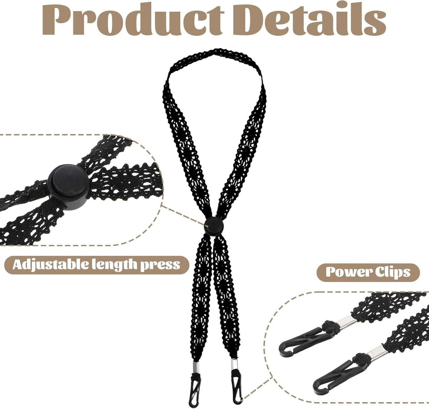 2 PCS Hat Straps for Wind, Adjustable Beige Black Chin Cord, Lace Sun Hat Chin Strap with Clips, Replacement Lace Windproof Keeper String for Women Outdoor Hats