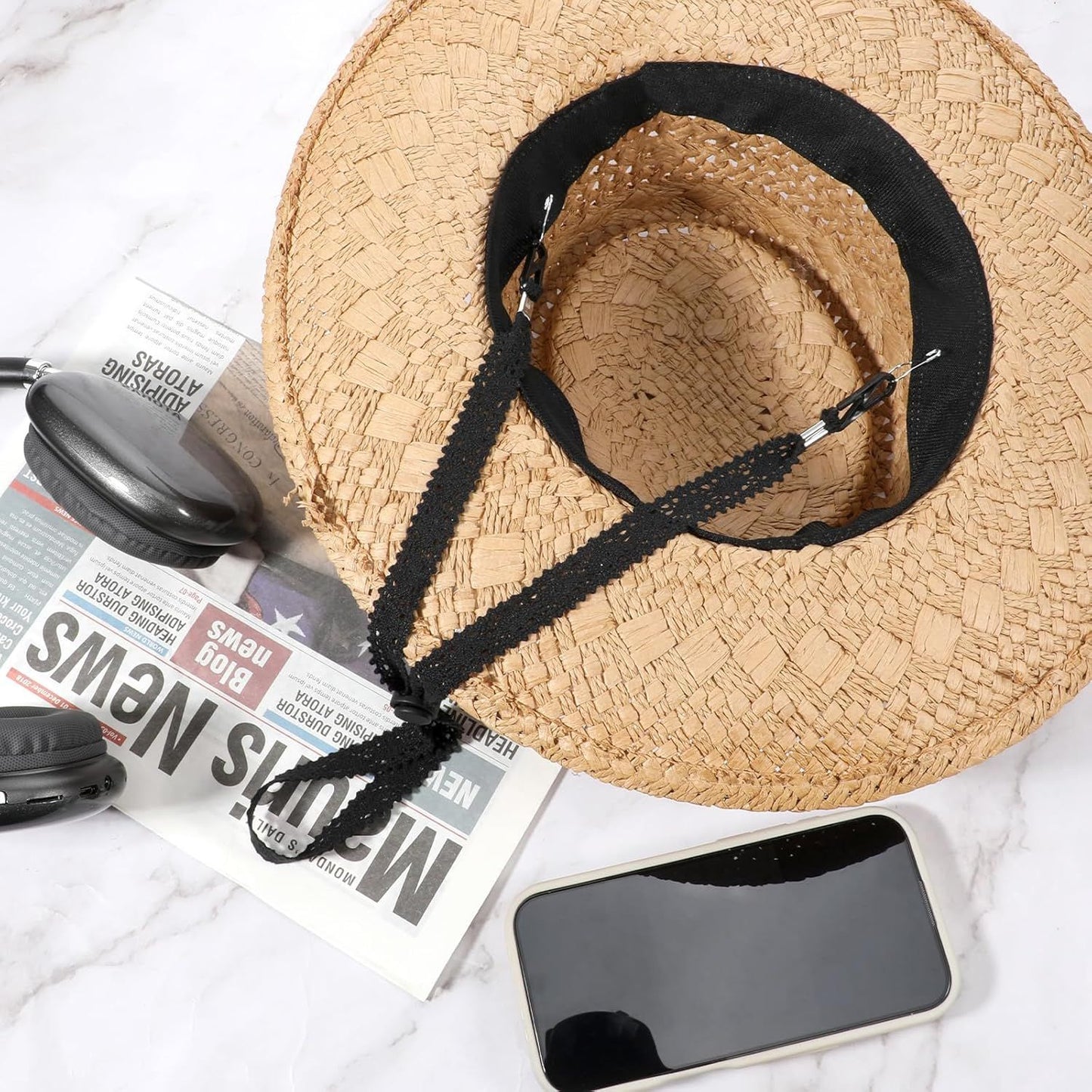 2 PCS Hat Straps for Wind, Adjustable Beige Black Chin Cord, Lace Sun Hat Chin Strap with Clips, Replacement Lace Windproof Keeper String for Women Outdoor Hats