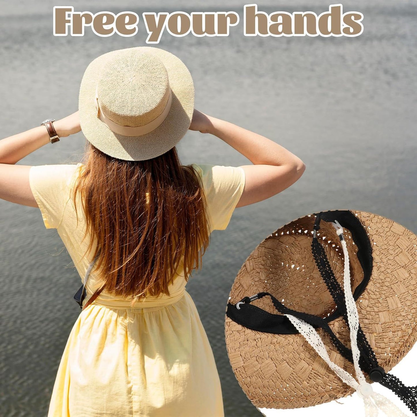 2 PCS Hat Straps for Wind, Adjustable Beige Black Chin Cord, Lace Sun Hat Chin Strap with Clips, Replacement Lace Windproof Keeper String for Women Outdoor Hats