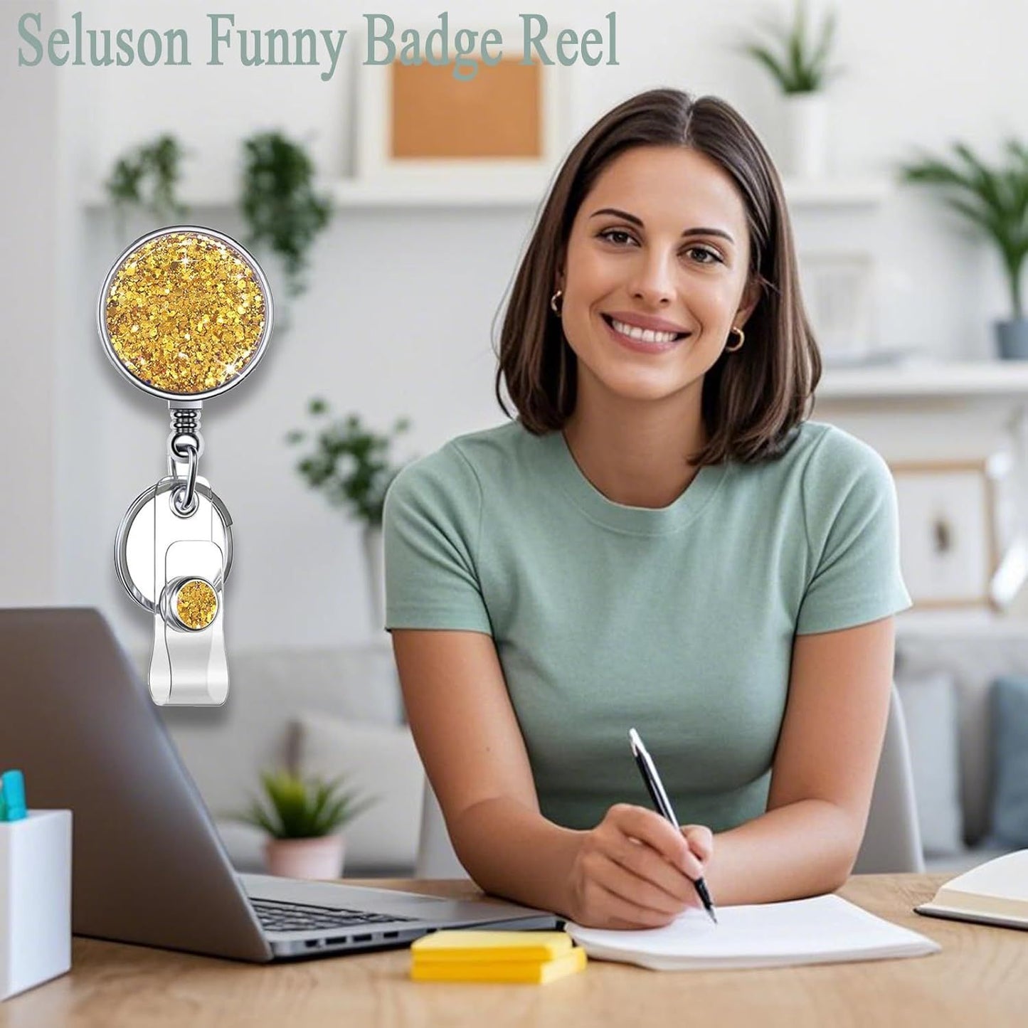 Bling Circular Retractable Badge Holder, Retractable Badge Reels with Key Ring Backing Belt Clip for Nurse,Medical Healthcare Worker, Volunteer,Teacher,Student (1 Pack-Yellow)
