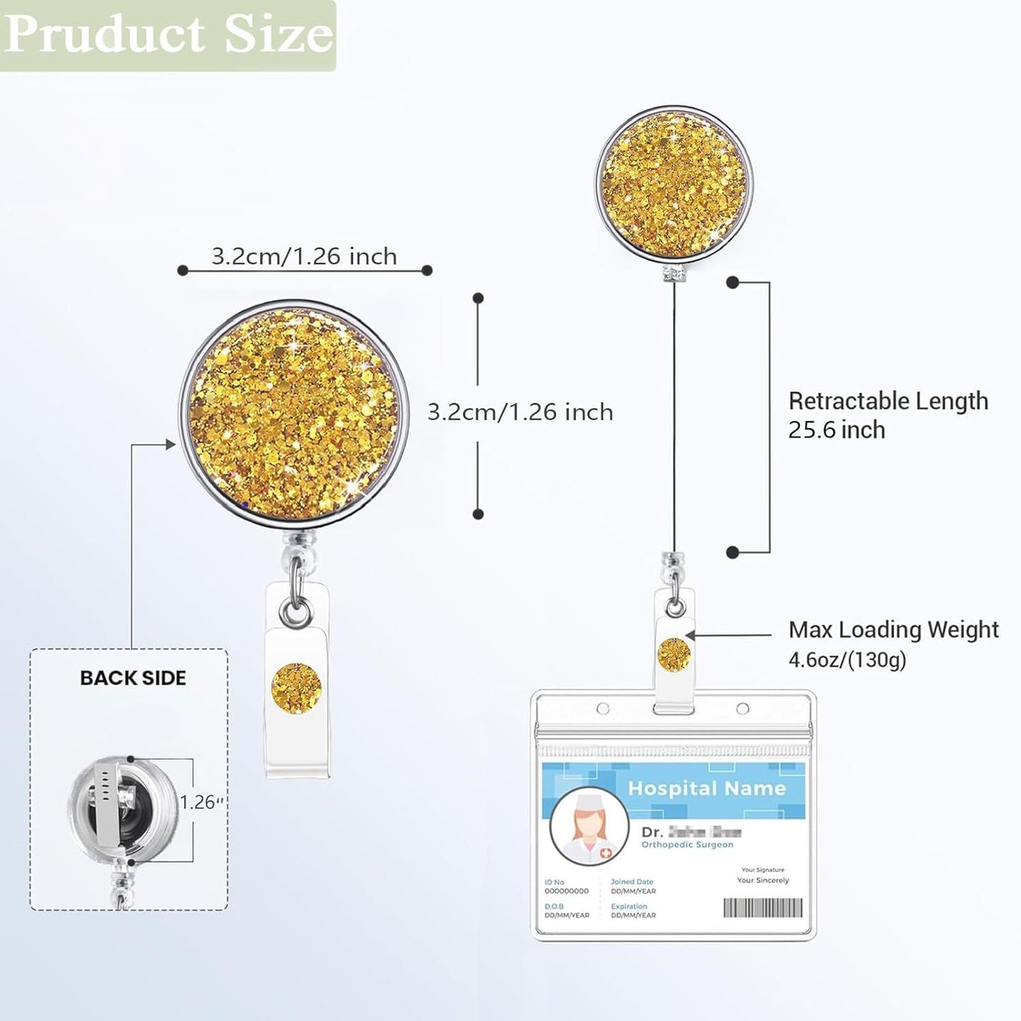 Bling Circular Retractable Badge Holder, Retractable Badge Reels with Key Ring Backing Belt Clip for Nurse,Medical Healthcare Worker, Volunteer,Teacher,Student (1 Pack-Yellow)
