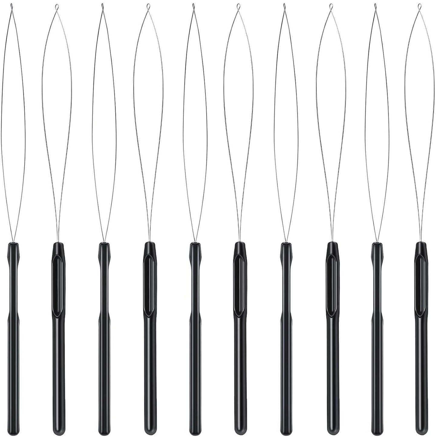 10 Pieces Hair Extension Loop Needle Threader Pulling Hook Tool and Bead Device Tool Black Loop Threader for Hair or Feather Extensions (Black)