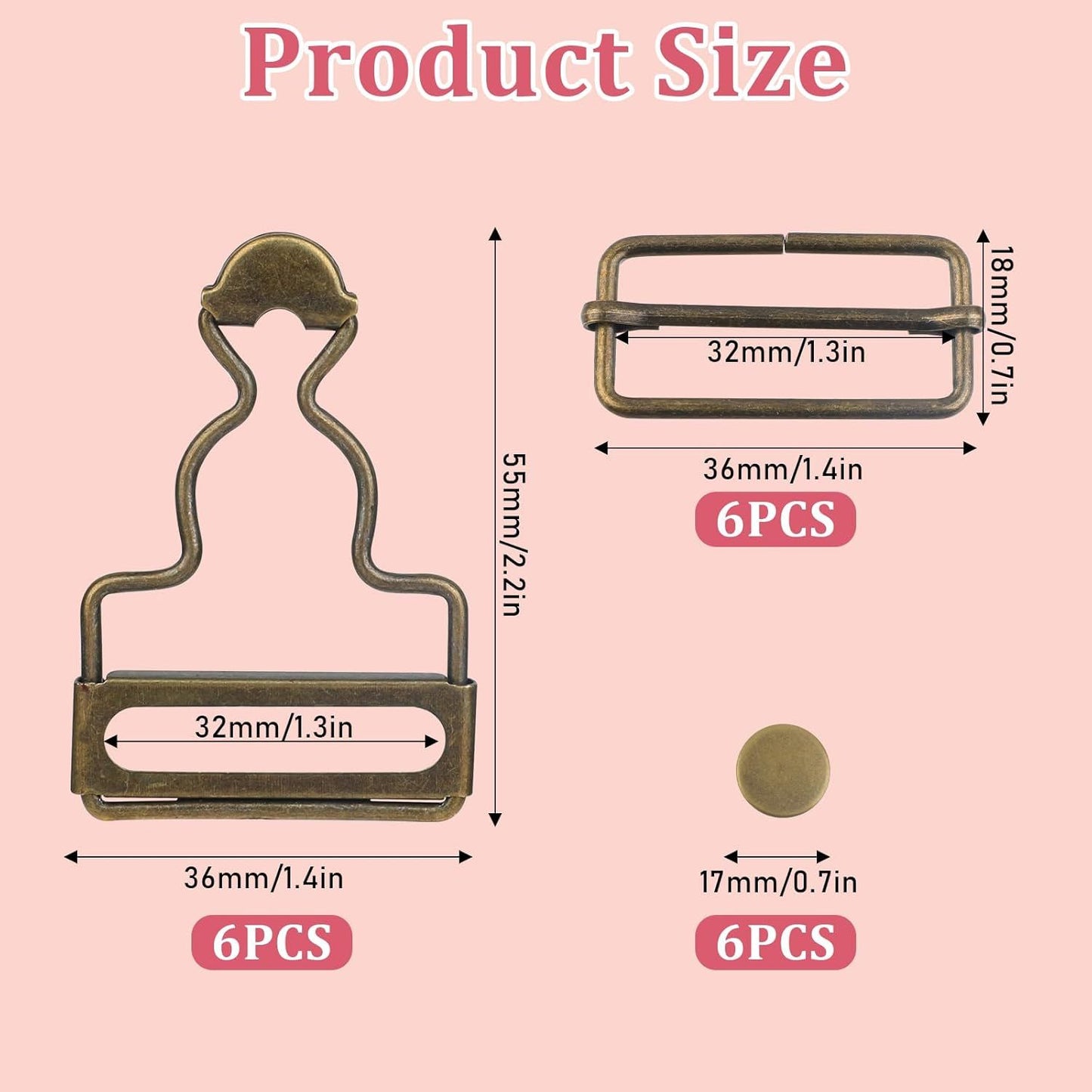 6 Sets Overalls Buckles, 1.25 inch Metal Overall Replacement Clasp Clips with Adjustable Tri Glide Slide Buckle and Buttons, DIY Button No-Sew Accessories for Overall Bib Pants Trousers Jeans Jacket
