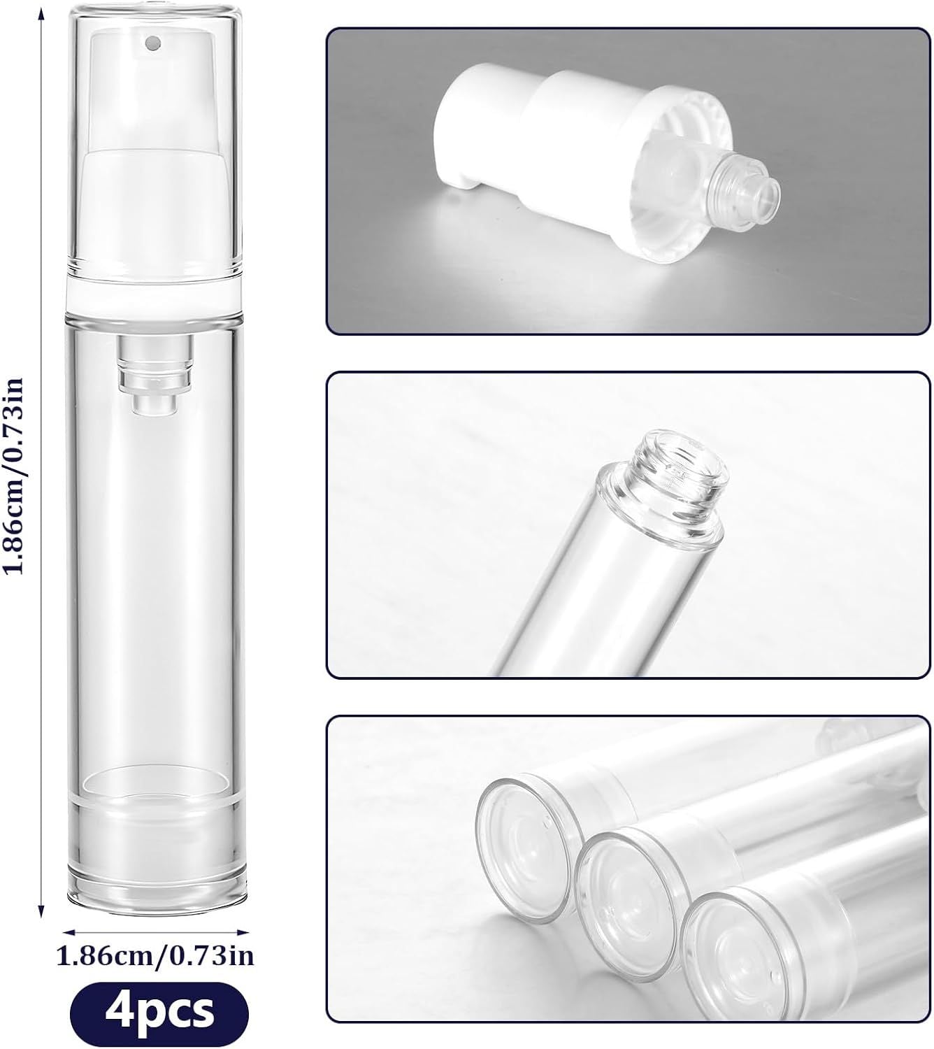 4 Pcs Refillable Clear Travel Airless Pump Container - Vacuum Cosmetic Press Pump Bottle for DIY Foundation Gel Lotion Moisturiser Shampoo Toiletry (10ml)