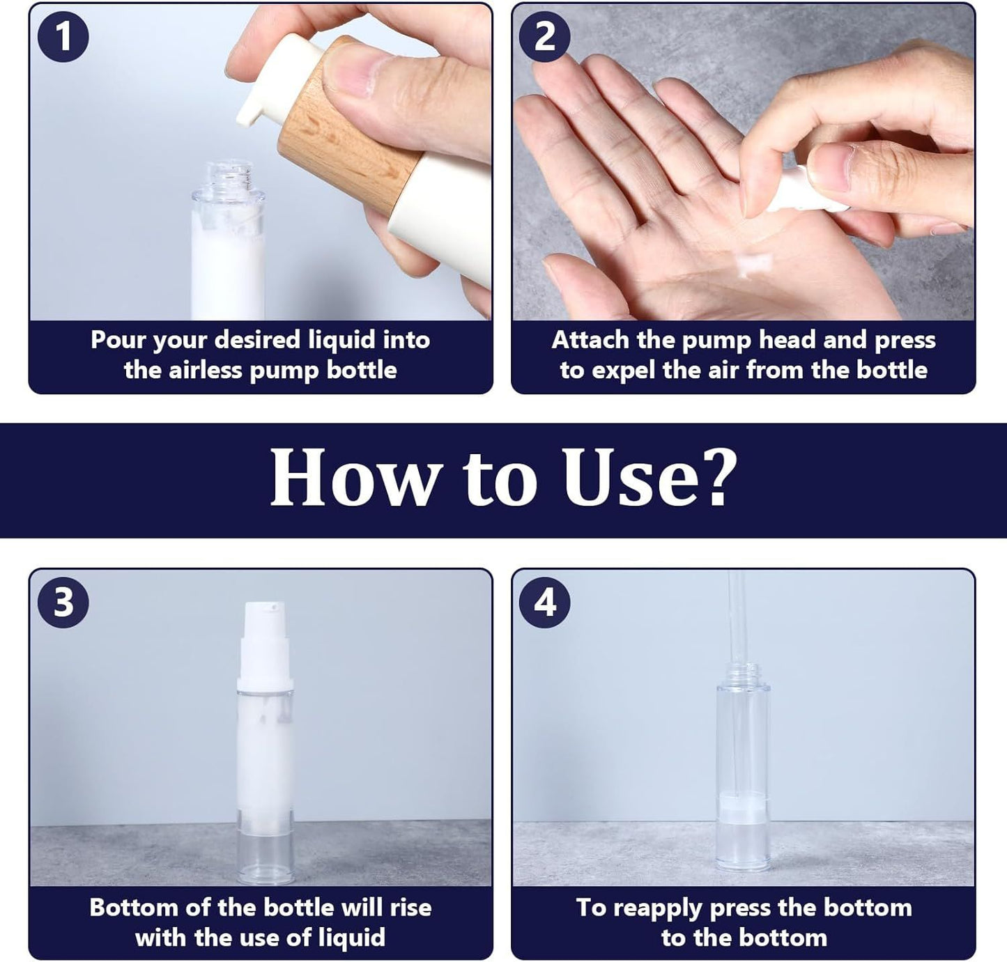 4 Pcs Refillable Clear Travel Airless Pump Container - Vacuum Cosmetic Press Pump Bottle for DIY Foundation Gel Lotion Moisturiser Shampoo Toiletry (10ml)
