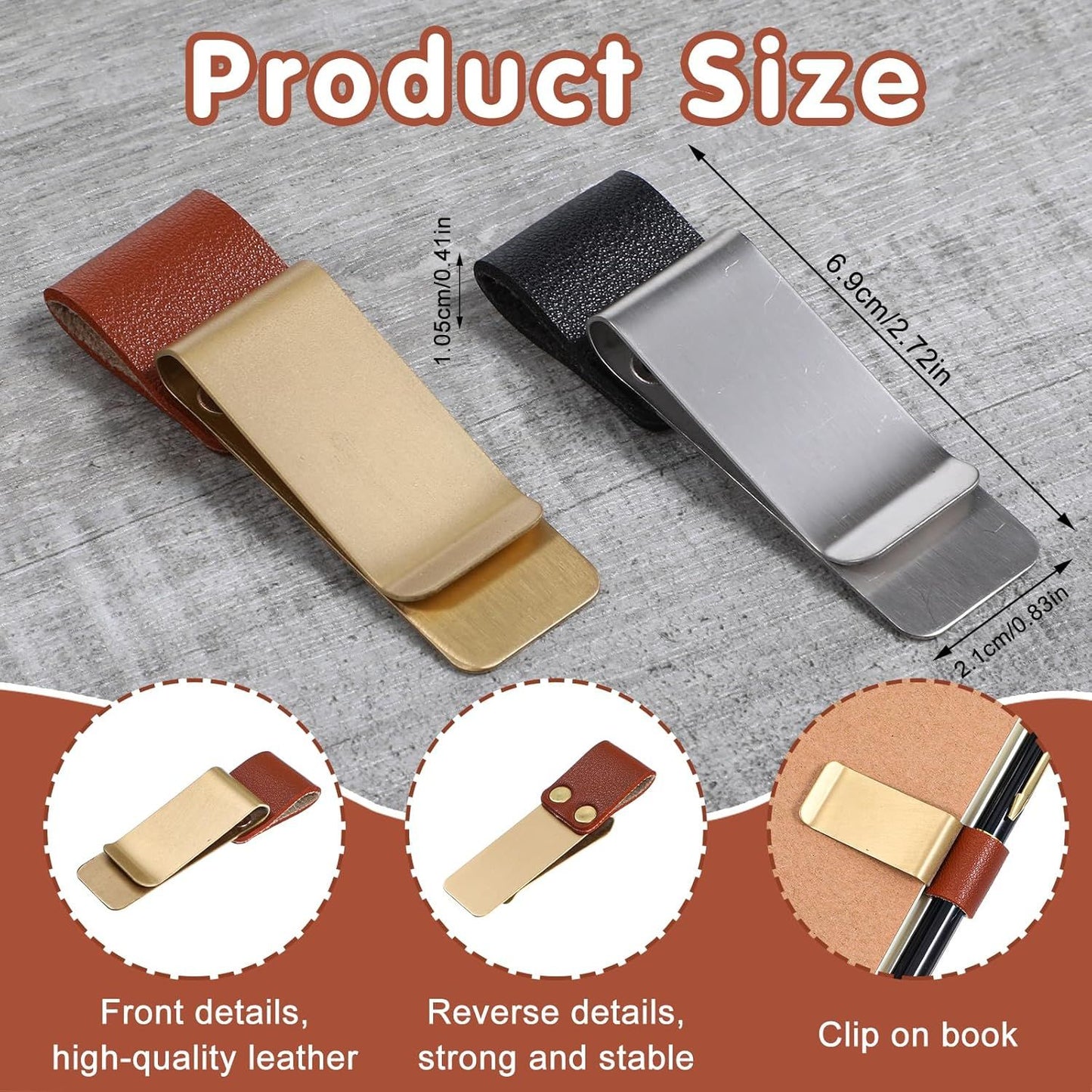 2 Pcs PU Leather Retro Notebook Pen Clips Metal Pen Loop Holder Sleeve - Silver & Gold