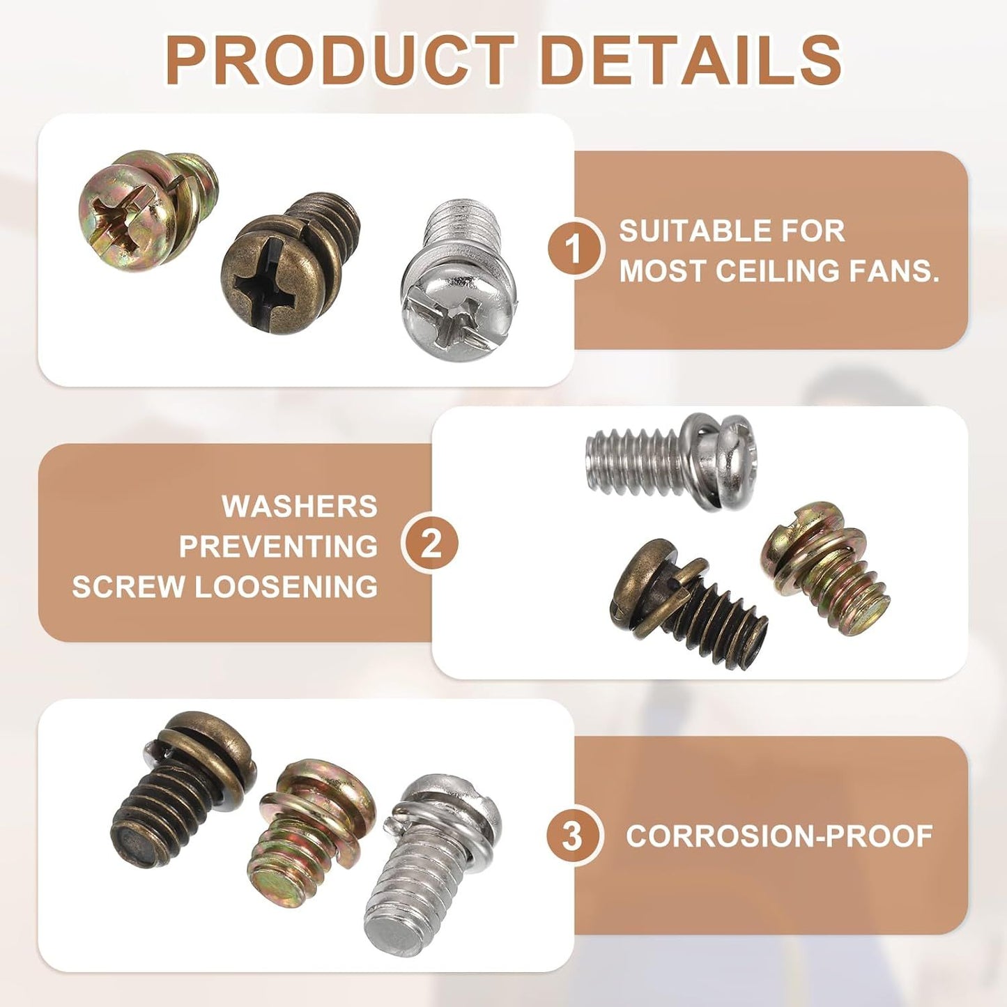 20Pcs Ceiling Fan Blade Screws, 1/4"-20 x 3/8 Carbon Steel Phillips Pan Motor Replacement Screw for Lighting Ceiling Fan, Copper