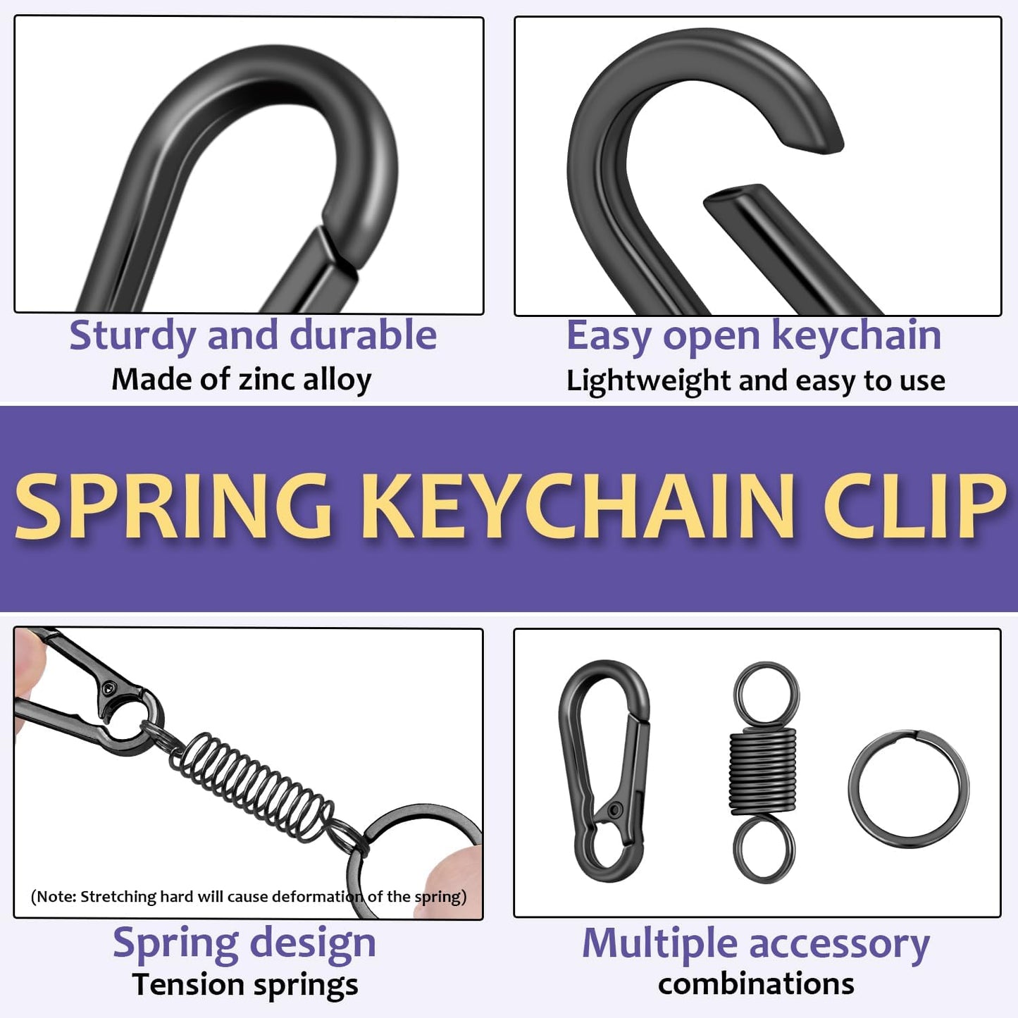4Pack Small Carabiner Keychain, Spring Keyring Holder Organizer Clips, Metal Snap Hook Clip for Car Key Chain, Keyrings Holder, Purse Hook, Paracord Keychain Lanyard, Men and Women Key Fob (Black)