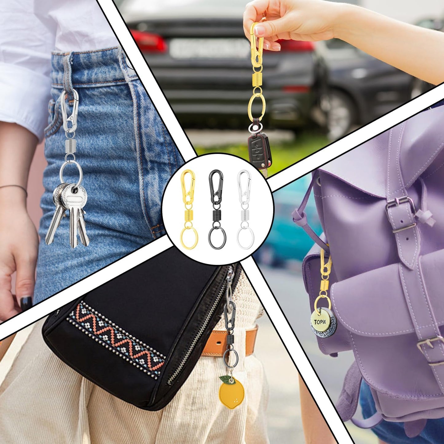 4Pack Small Carabiner Keychain, Spring Keyring Holder Organizer Clips, Metal Snap Hook Clip for Car Key Chain, Keyrings Holder, Purse Hook, Paracord Keychain Lanyard, Men and Women Key Fob (Black)